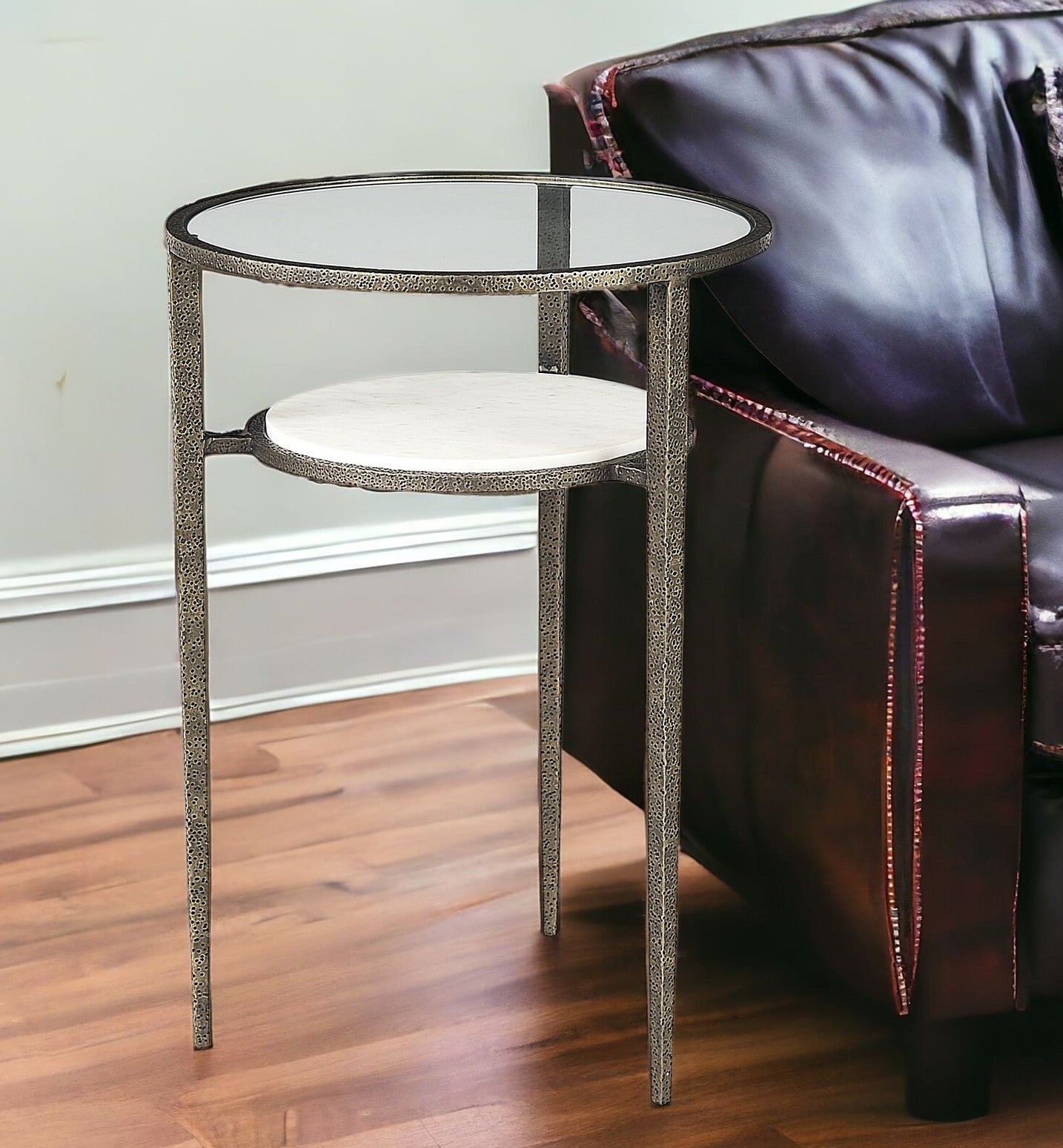 23" Bronze And Clear Glass And Metal Round End Table With Shelf-End-Side Tables-DECOROLALA