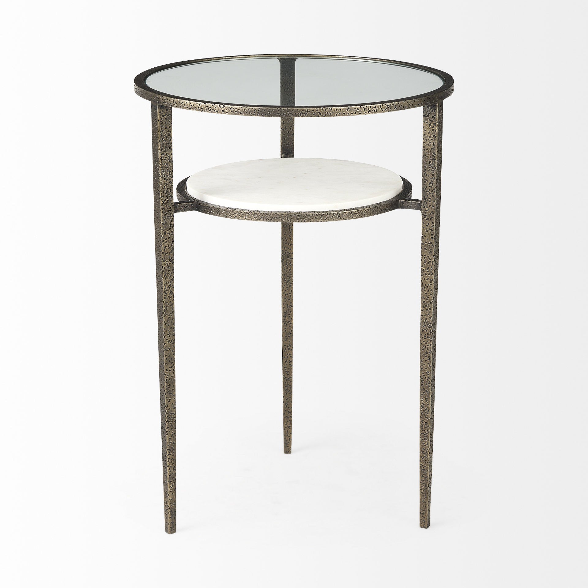 23" Bronze And Clear Glass And Metal Round End Table With Shelf-End-Side Tables-DECOROLALA