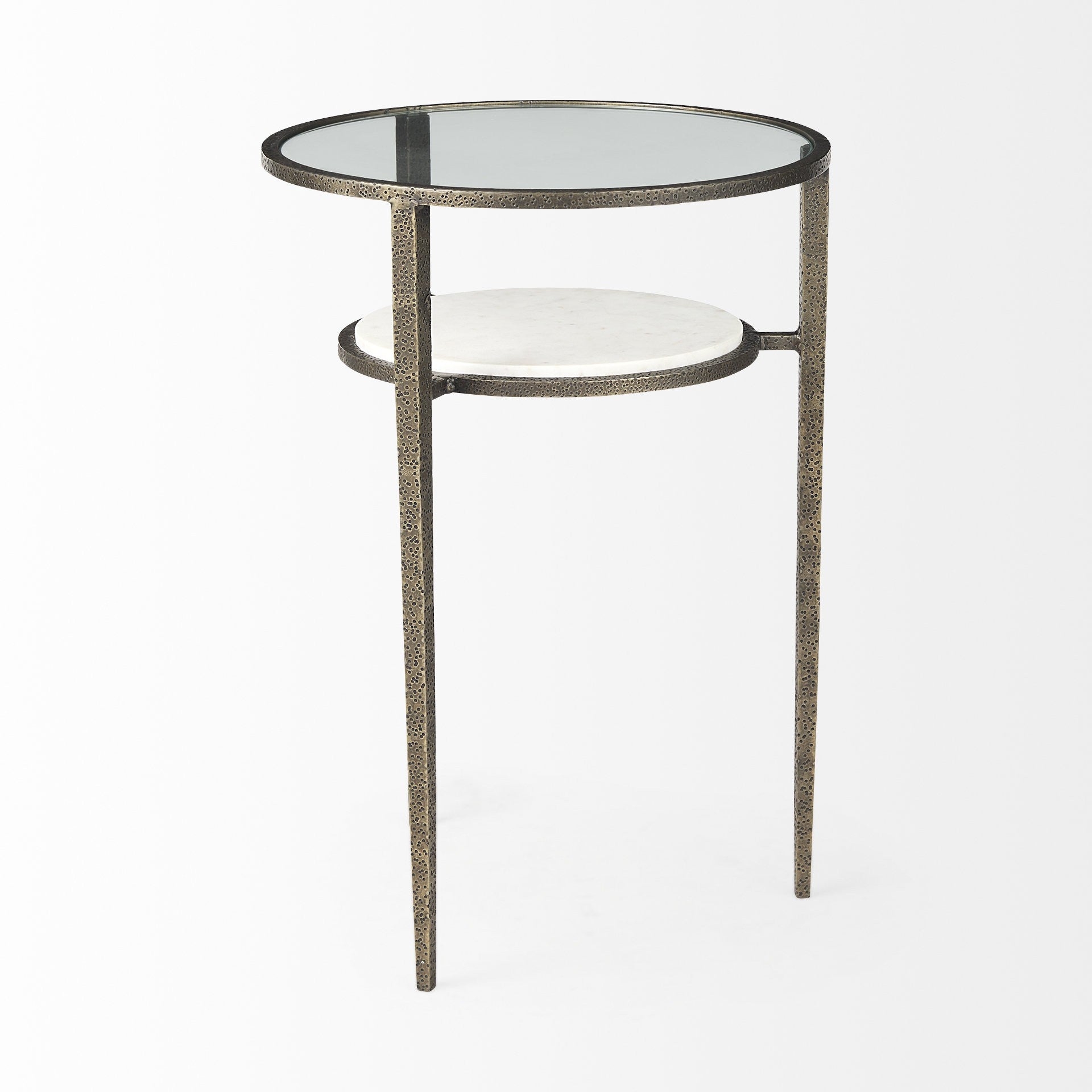 23" Bronze And Clear Glass And Metal Round End Table With Shelf-End-Side Tables-DECOROLALA
