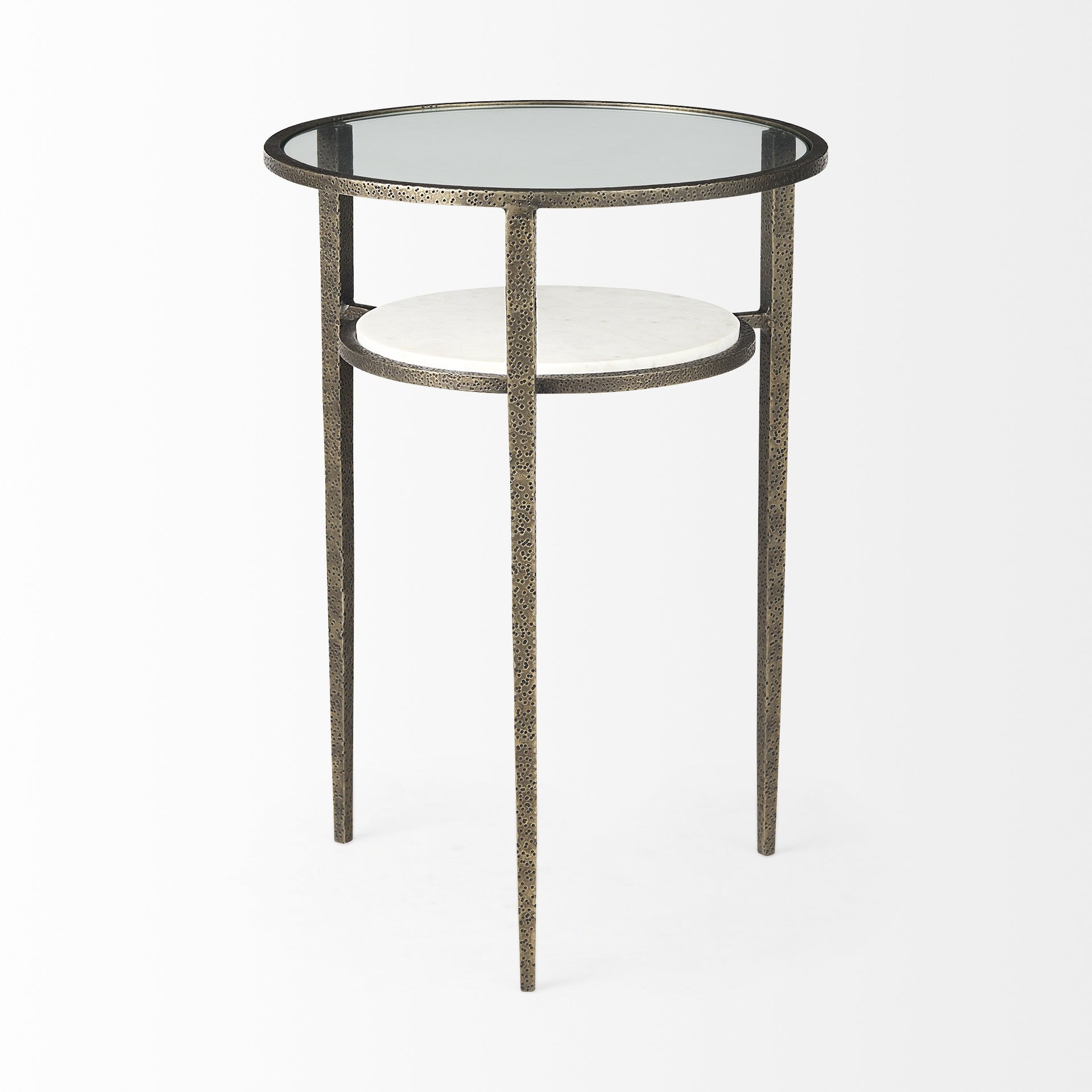 23" Bronze And Clear Glass And Metal Round End Table With Shelf-End-Side Tables-DECOROLALA