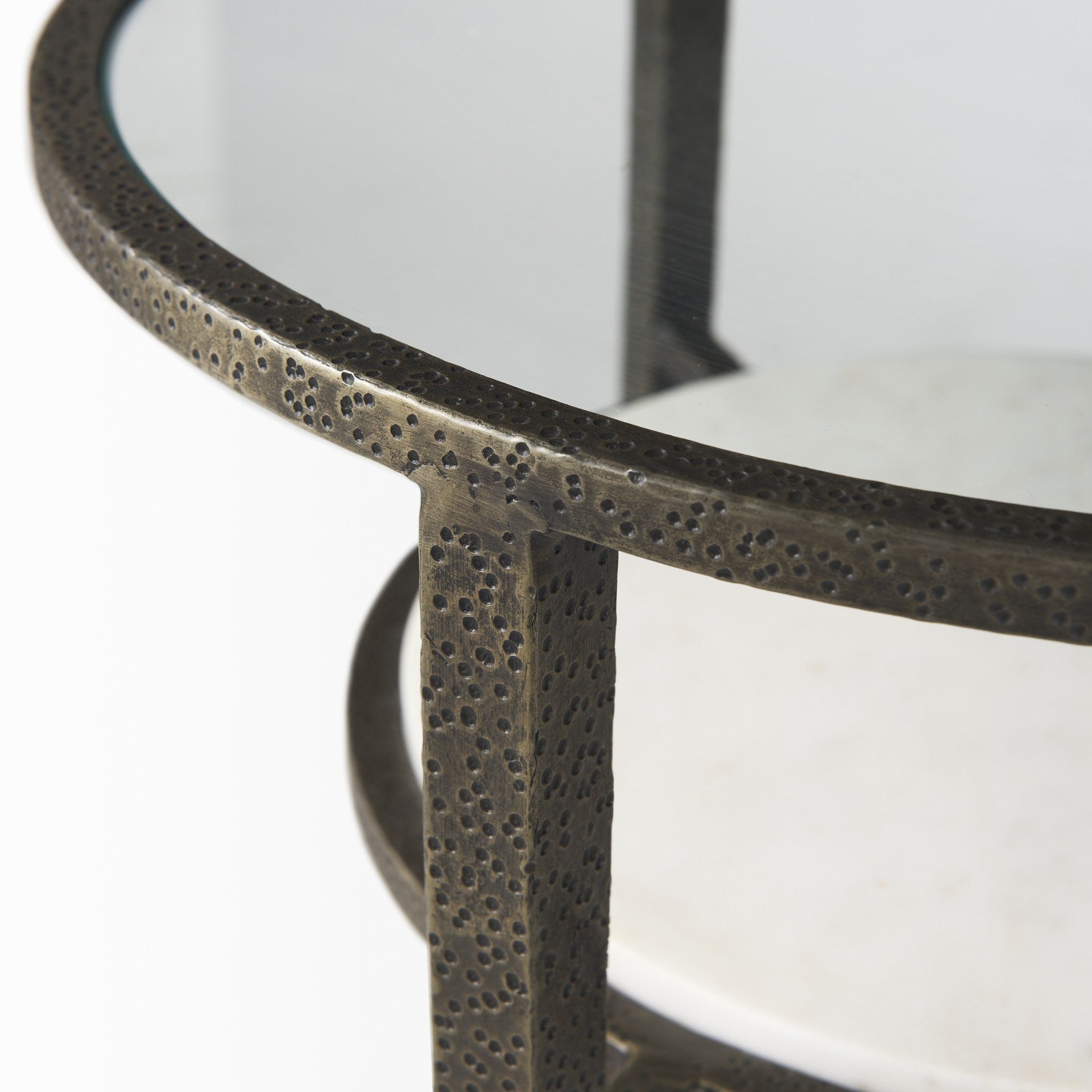 23" Bronze And Clear Glass And Metal Round End Table With Shelf-End-Side Tables-DECOROLALA