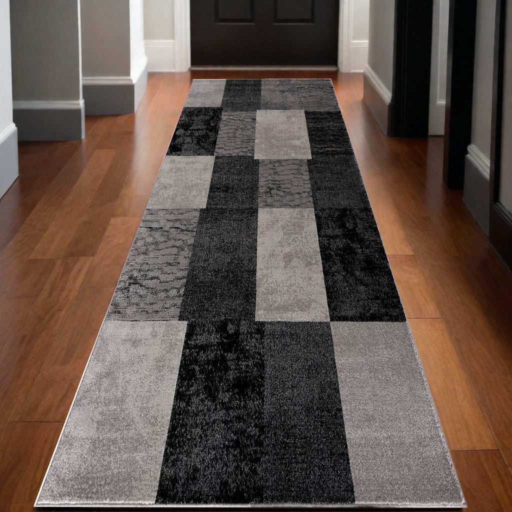 13' Gray And Black Geometric Shag Runner Rug-0