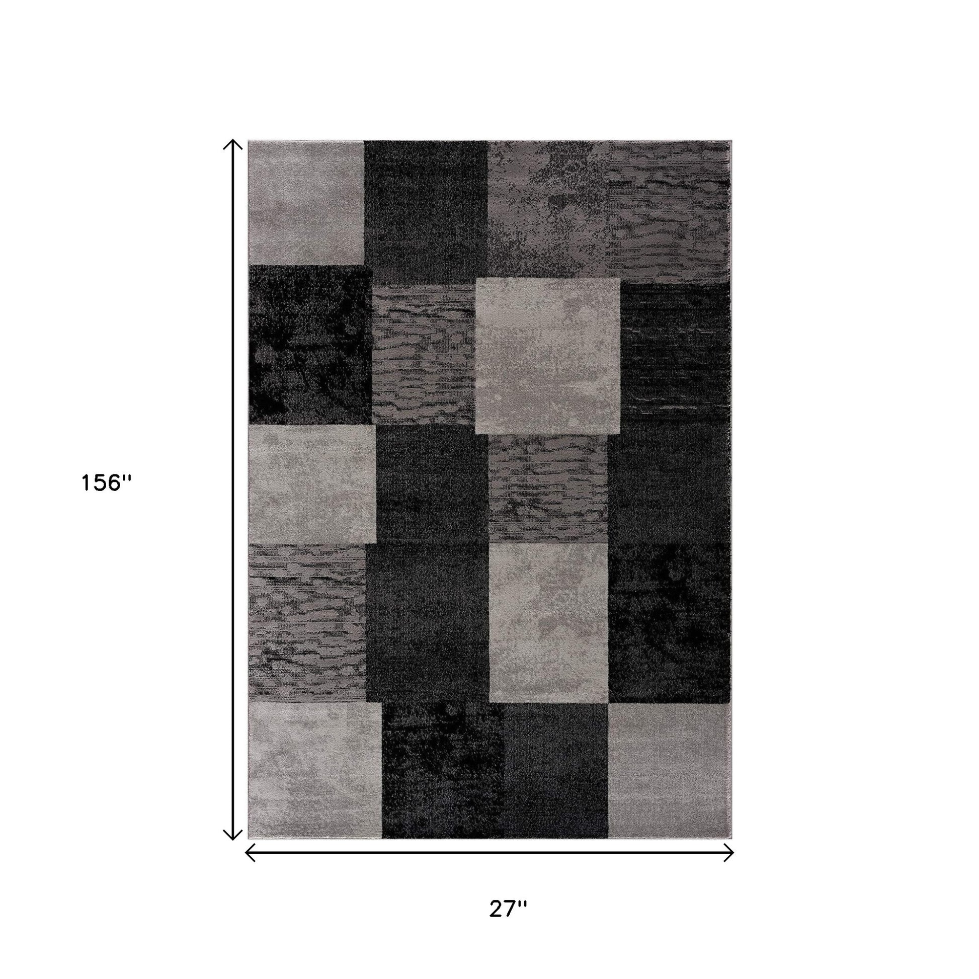 13' Gray And Black Geometric Shag Runner Rug-2