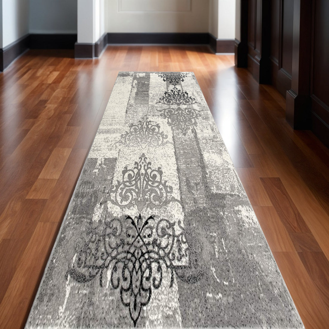15' Gray Damask Dhurrie Runner Rug-0