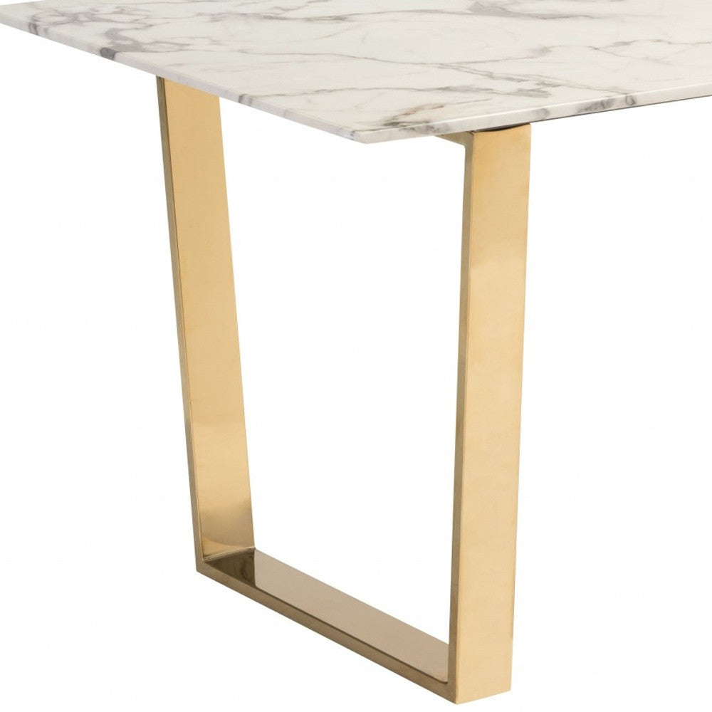 71" White And Gold Faux Marble And Steel Sled Base Dining Table-Dining Tables-DECOROLALA