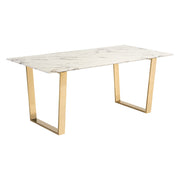 71" White And Gold Faux Marble And Steel Sled Base Dining Table-Dining Tables-DECOROLALA