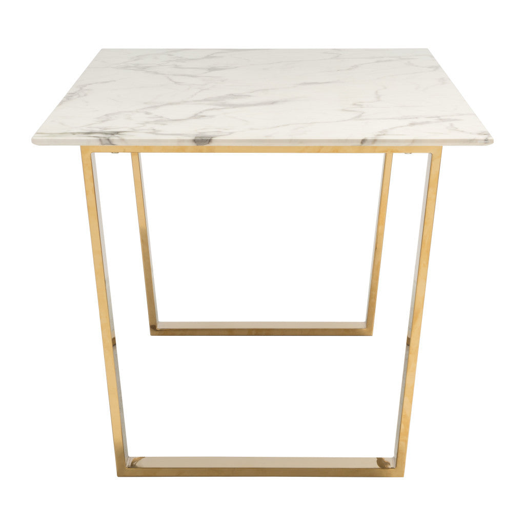 71" White And Gold Faux Marble And Steel Sled Base Dining Table-Dining Tables-DECOROLALA