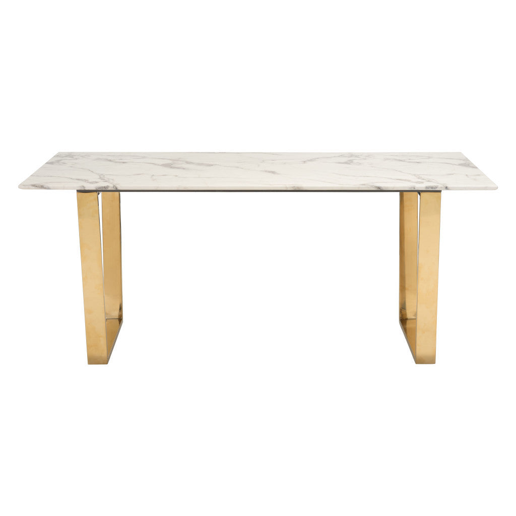 71" White And Gold Faux Marble And Steel Sled Base Dining Table-Dining Tables-DECOROLALA