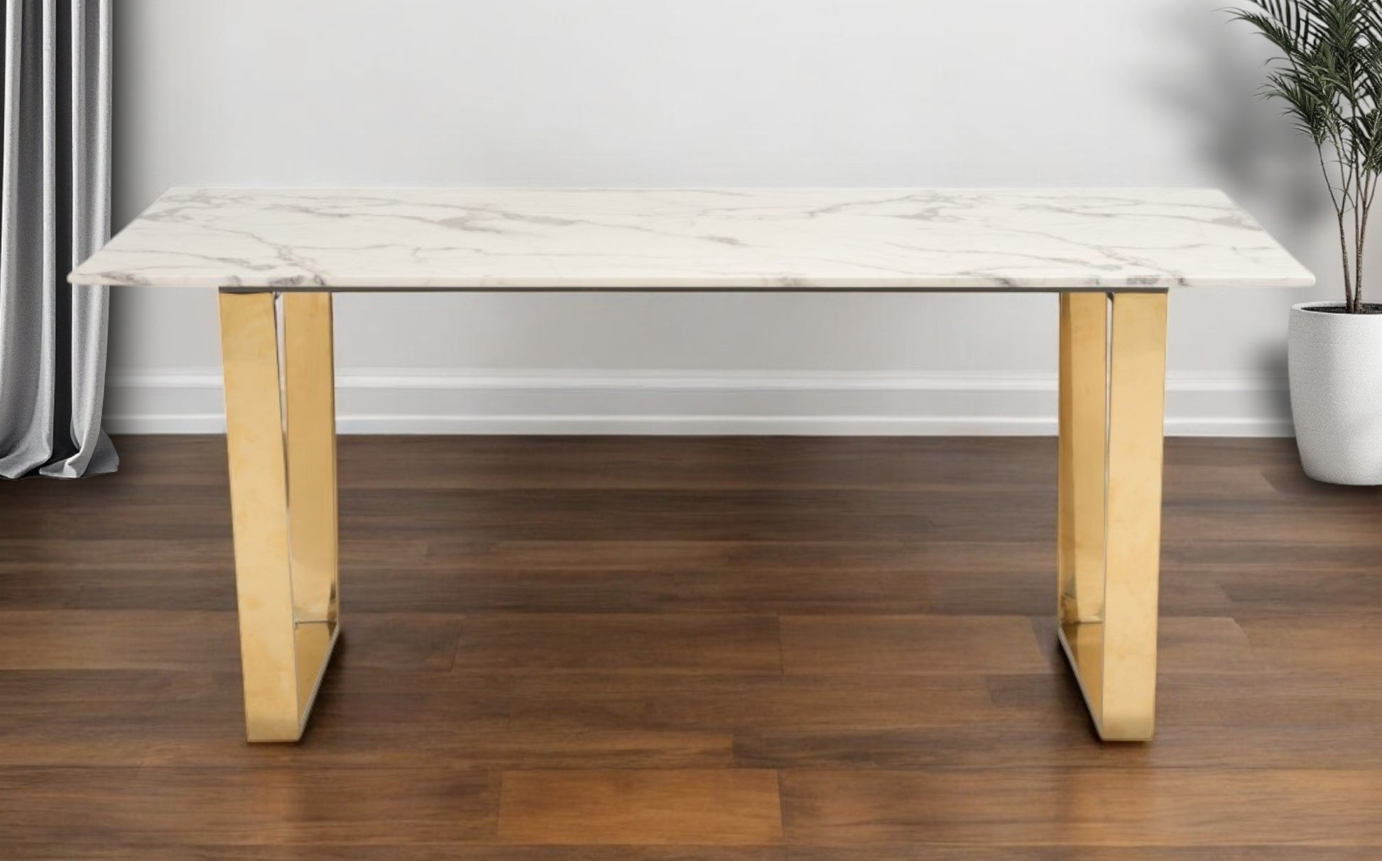71" White And Gold Faux Marble And Steel Sled Base Dining Table-Dining Tables-DECOROLALA