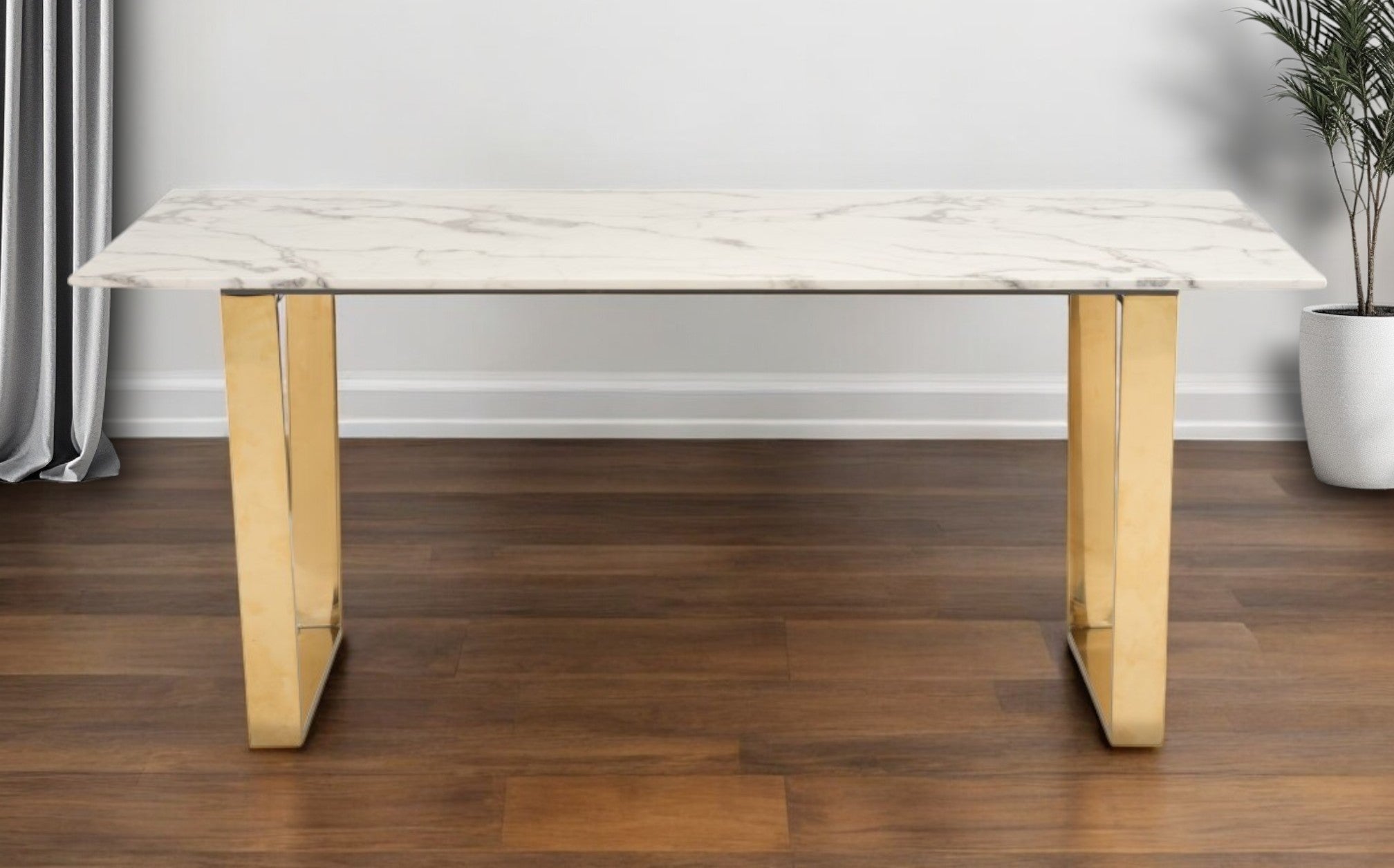 71" White And Gold Faux Marble And Steel Sled Base Dining Table-Dining Tables-DECOROLALA