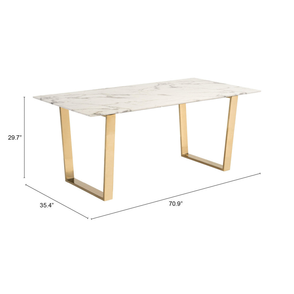 71" White And Gold Faux Marble And Steel Sled Base Dining Table-Dining Tables-DECOROLALA