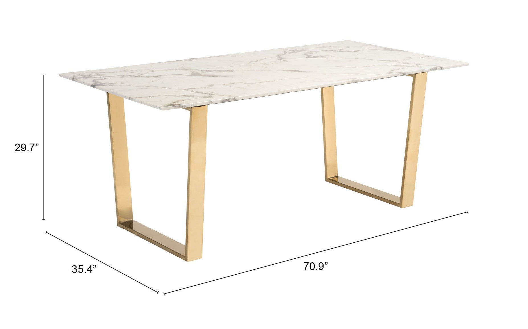 71" White And Gold Faux Marble And Steel Sled Base Dining Table-Dining Tables-DECOROLALA