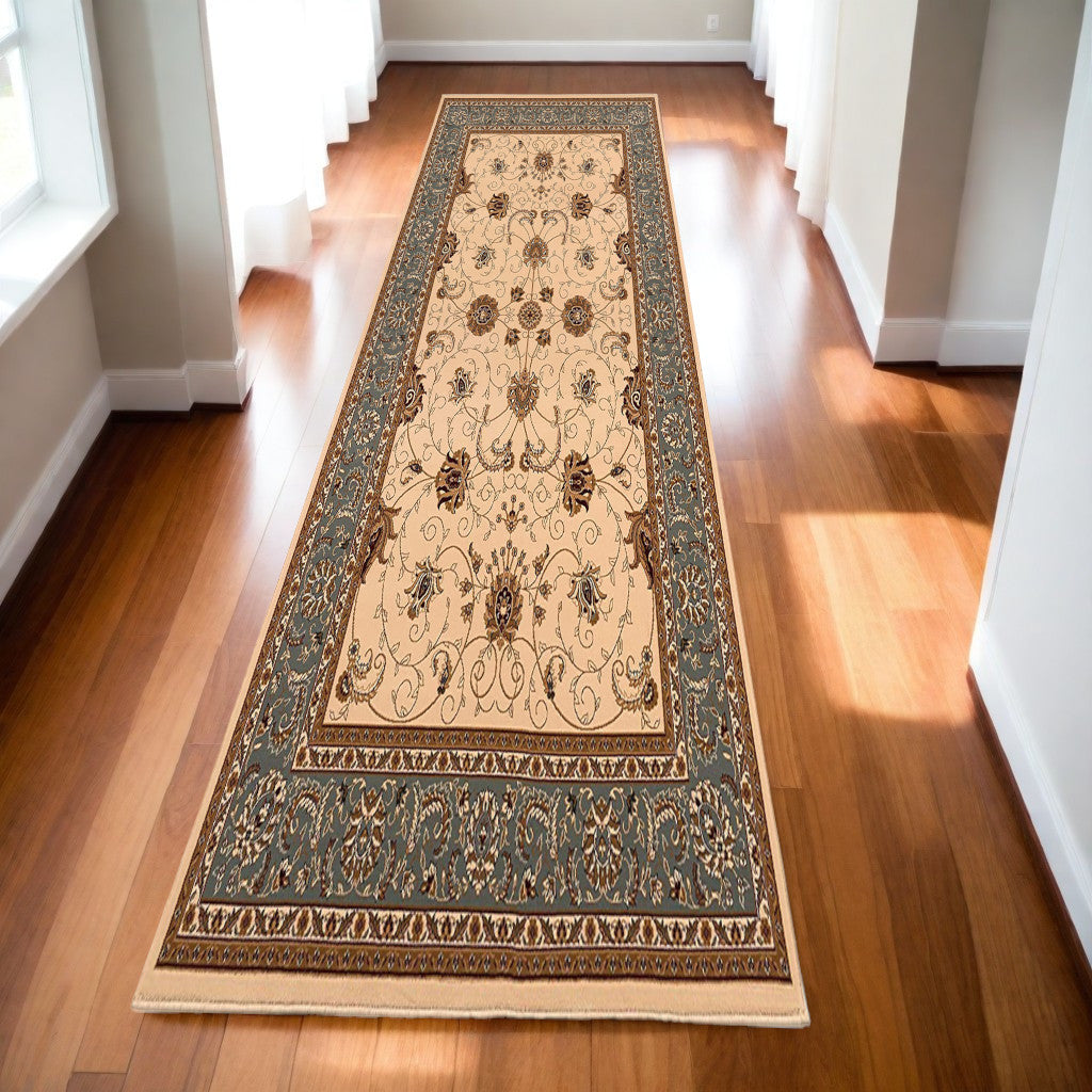20' Blue And Ivory Oriental Runner Rug-1