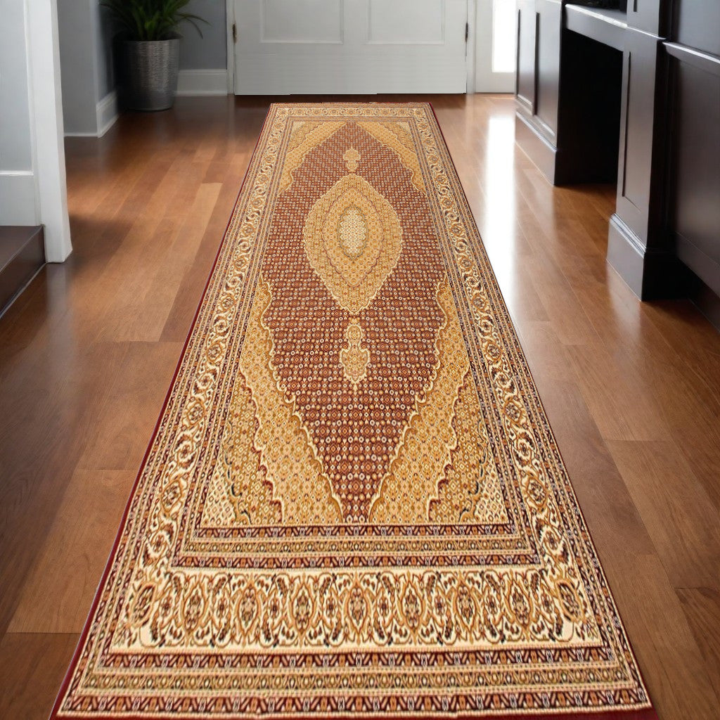 15' Red And Beige Oriental Runner Rug-0
