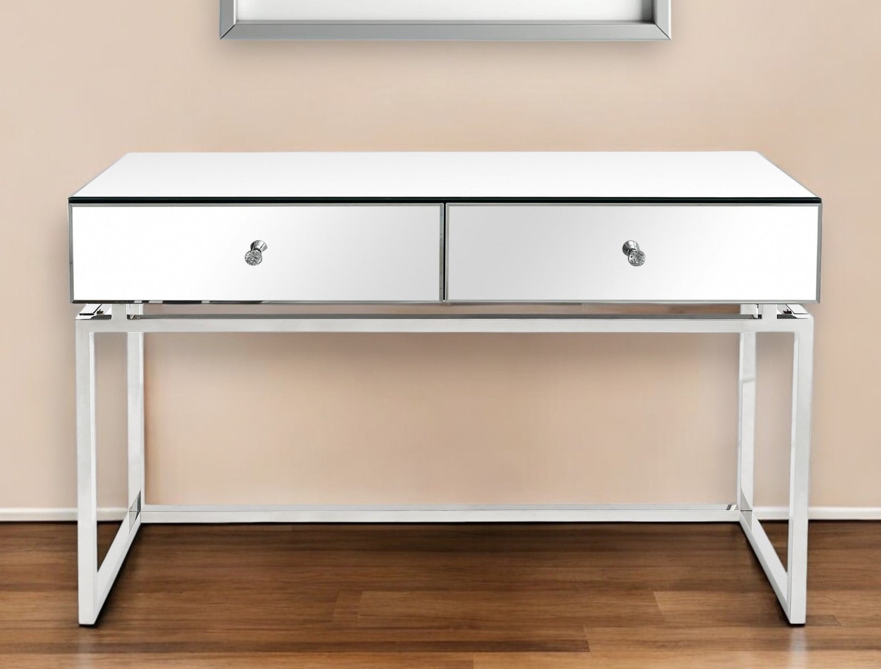 47" Silver Mirrored Glass Frame Console Table And Drawers-Console Tables-DECOROLALA