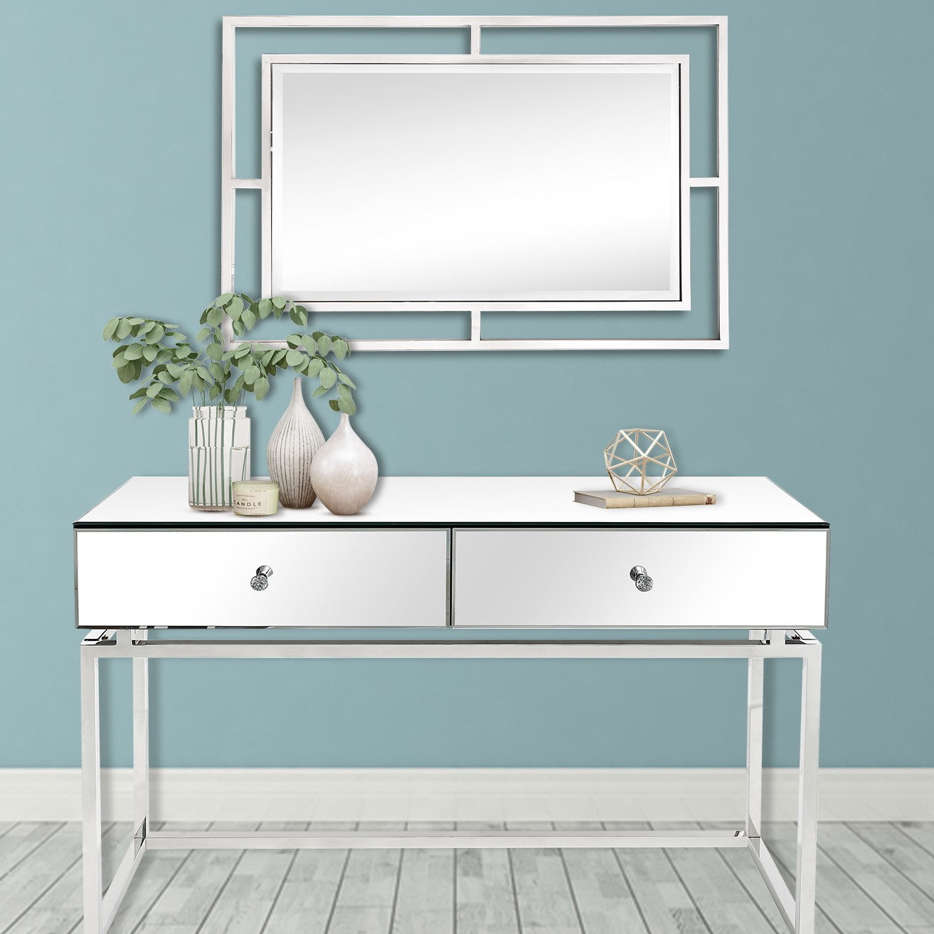 47" Silver Mirrored Glass Frame Console Table And Drawers-Console Tables-DECOROLALA