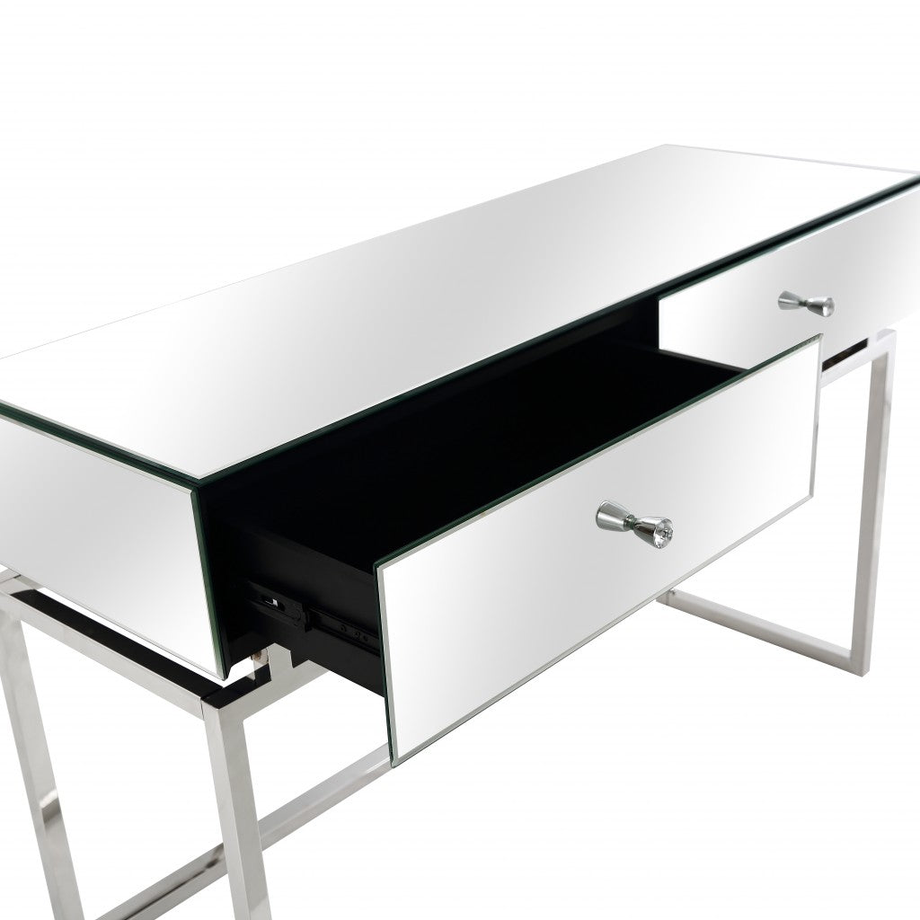 47" Silver Mirrored Glass Frame Console Table And Drawers-Console Tables-DECOROLALA