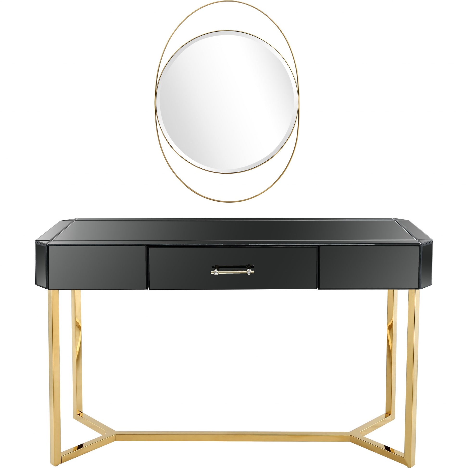 47" Black and Gold Mirrored Glass Frame Console Table And Drawers-Console Tables-DECOROLALA