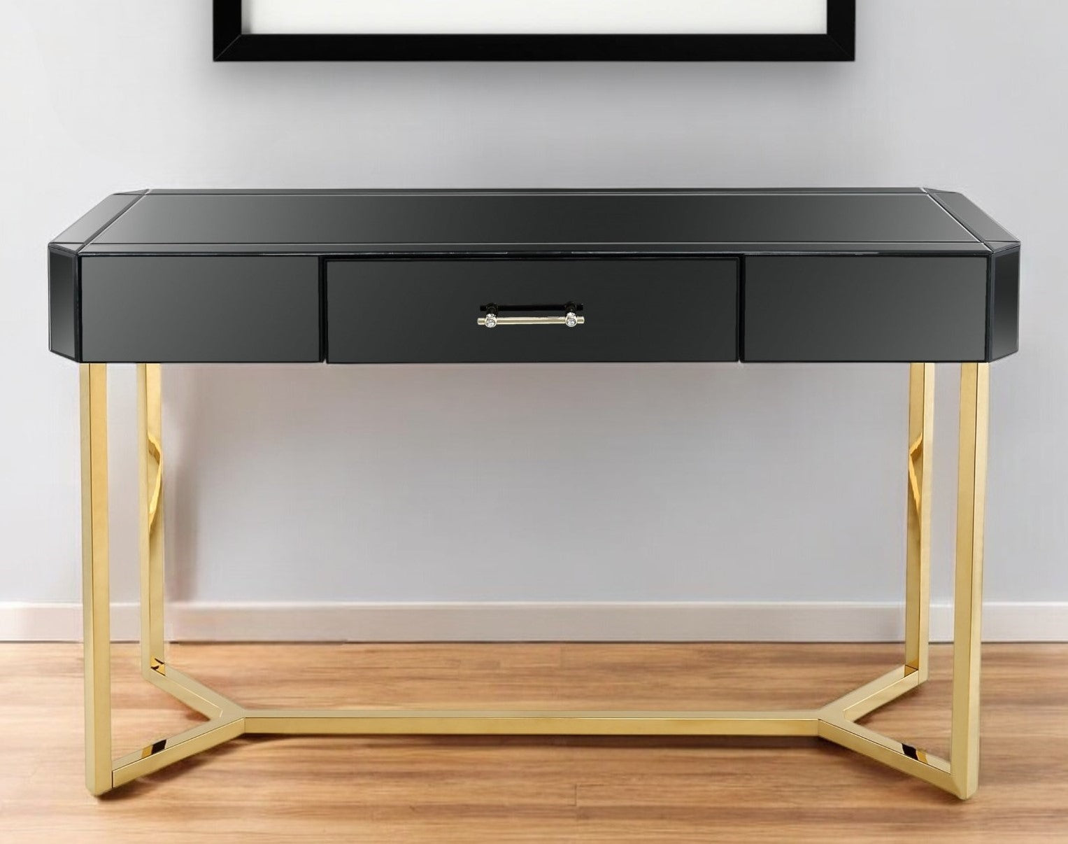 47" Black and Gold Mirrored Glass Frame Console Table And Drawers-Console Tables-DECOROLALA