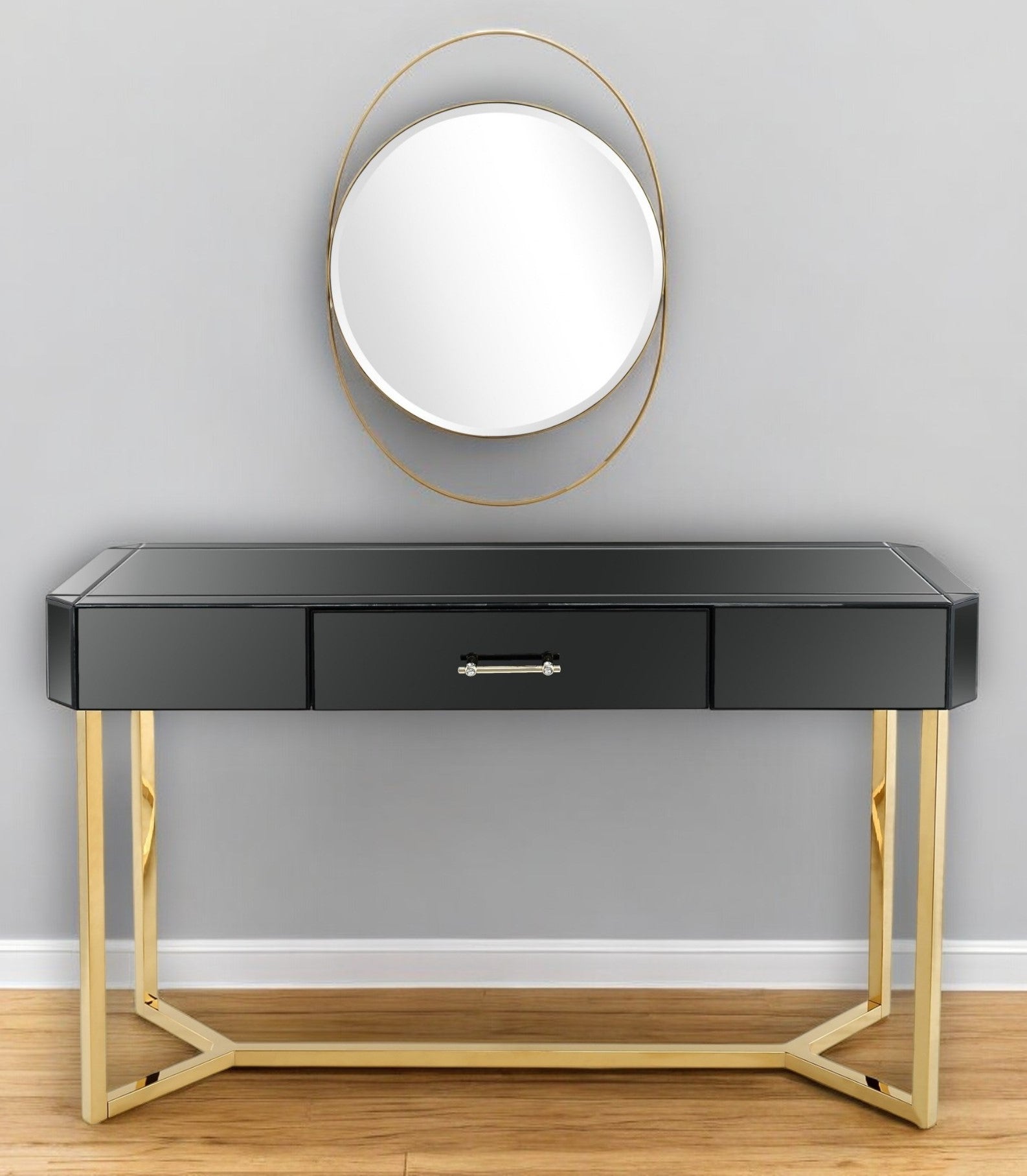 47" Black and Gold Mirrored Glass Frame Console Table And Drawers-Console Tables-DECOROLALA