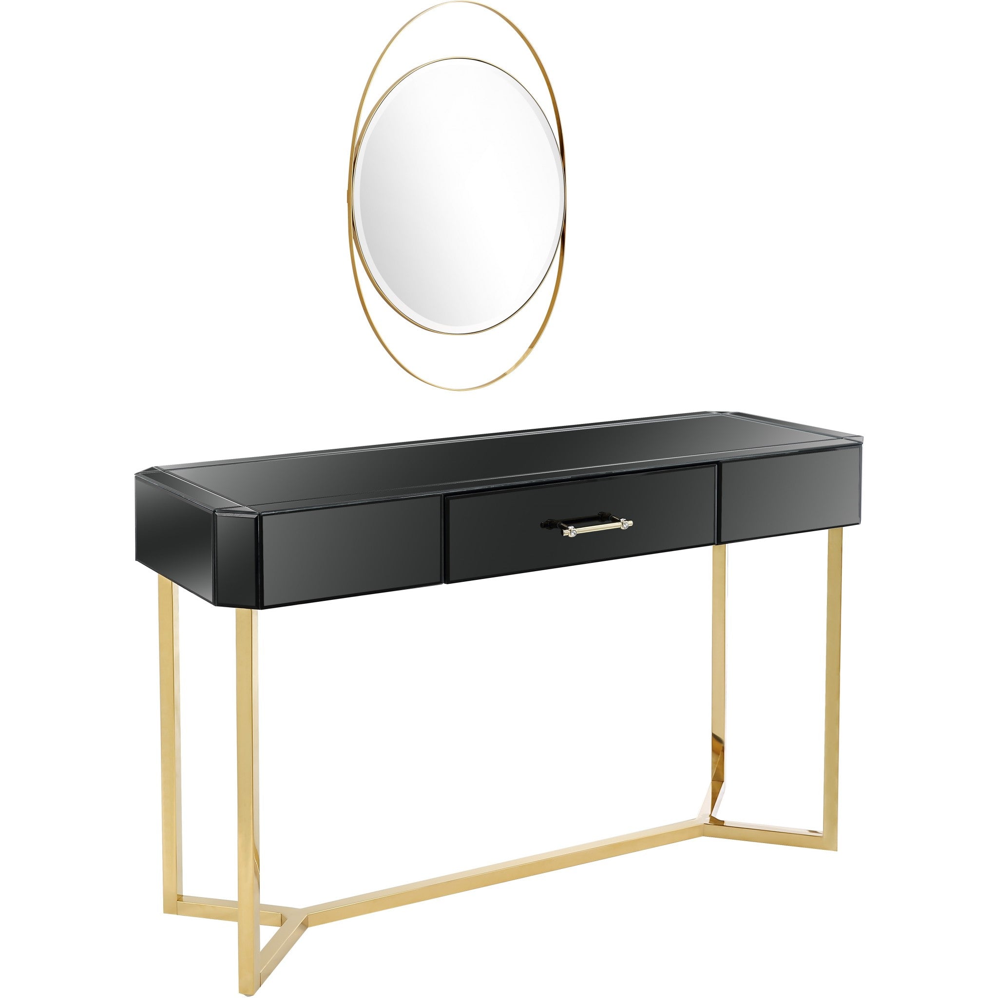 47" Black and Gold Mirrored Glass Frame Console Table And Drawers-Console Tables-DECOROLALA