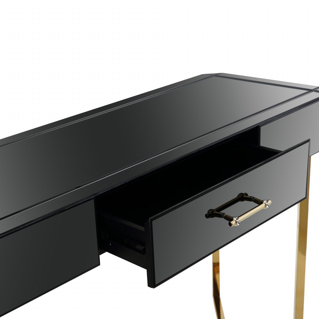47" Black and Gold Mirrored Glass Frame Console Table And Drawers-Console Tables-DECOROLALA
