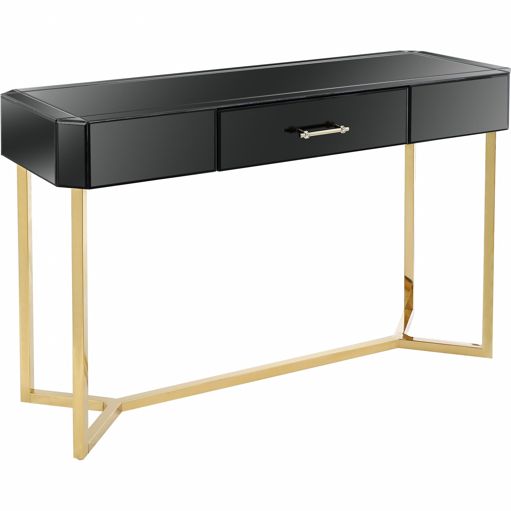 47" Black and Gold Mirrored Glass Frame Console Table And Drawers-Console Tables-DECOROLALA