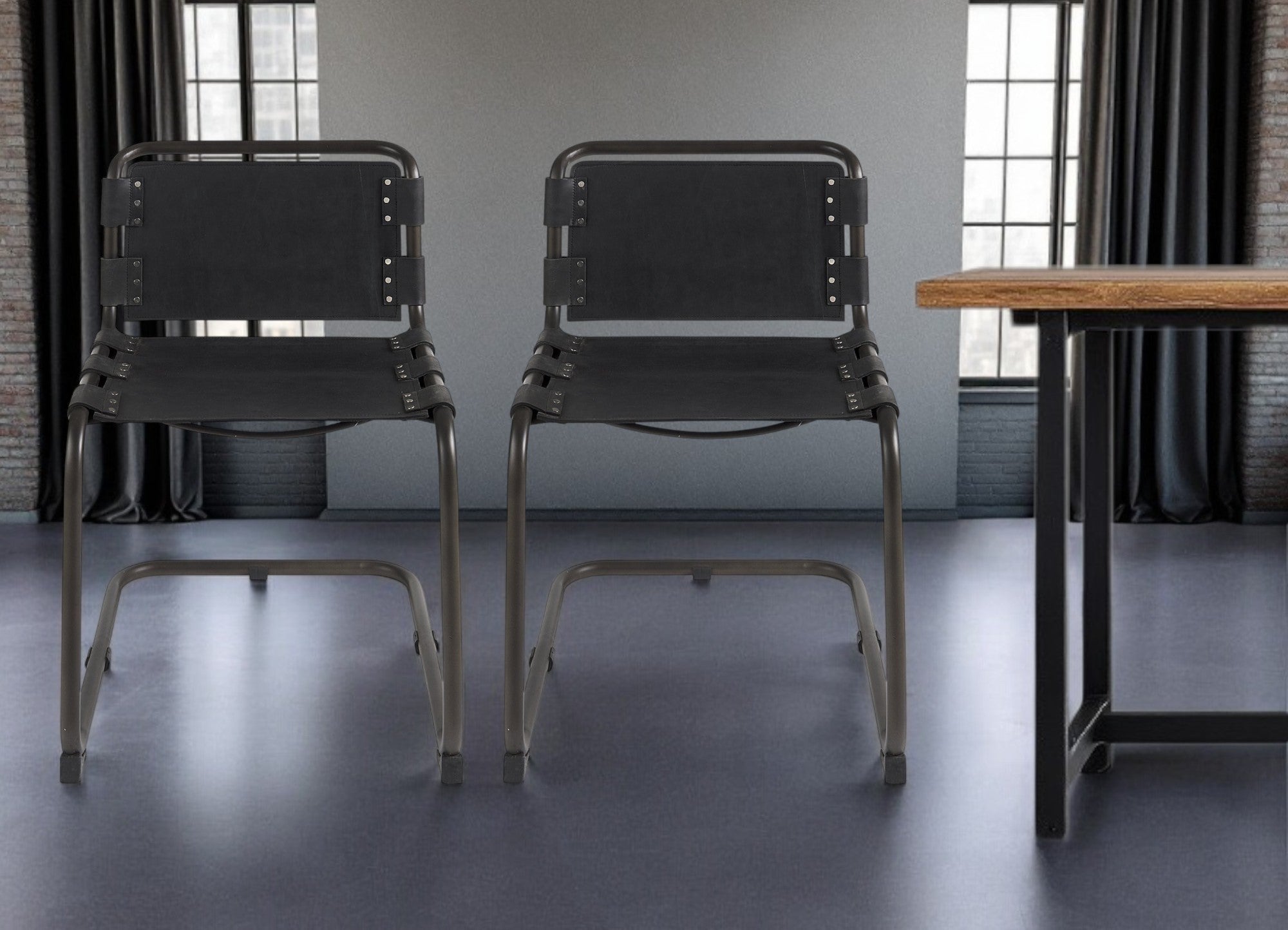 Black Leather Metal Open Back Dining Side Chair-Dining Chairs-DECOROLALA