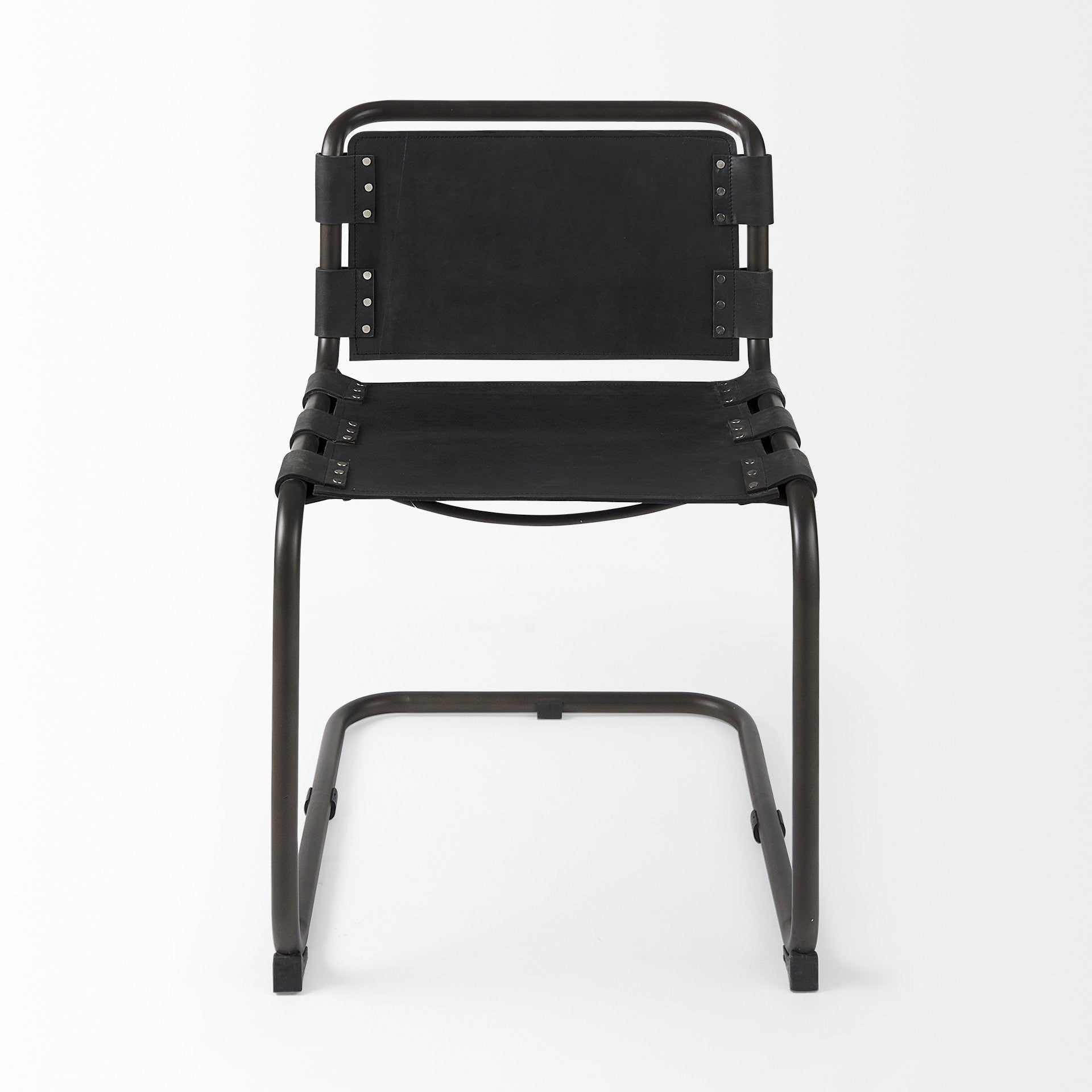 Black Leather Metal Open Back Dining Side Chair-Dining Chairs-DECOROLALA