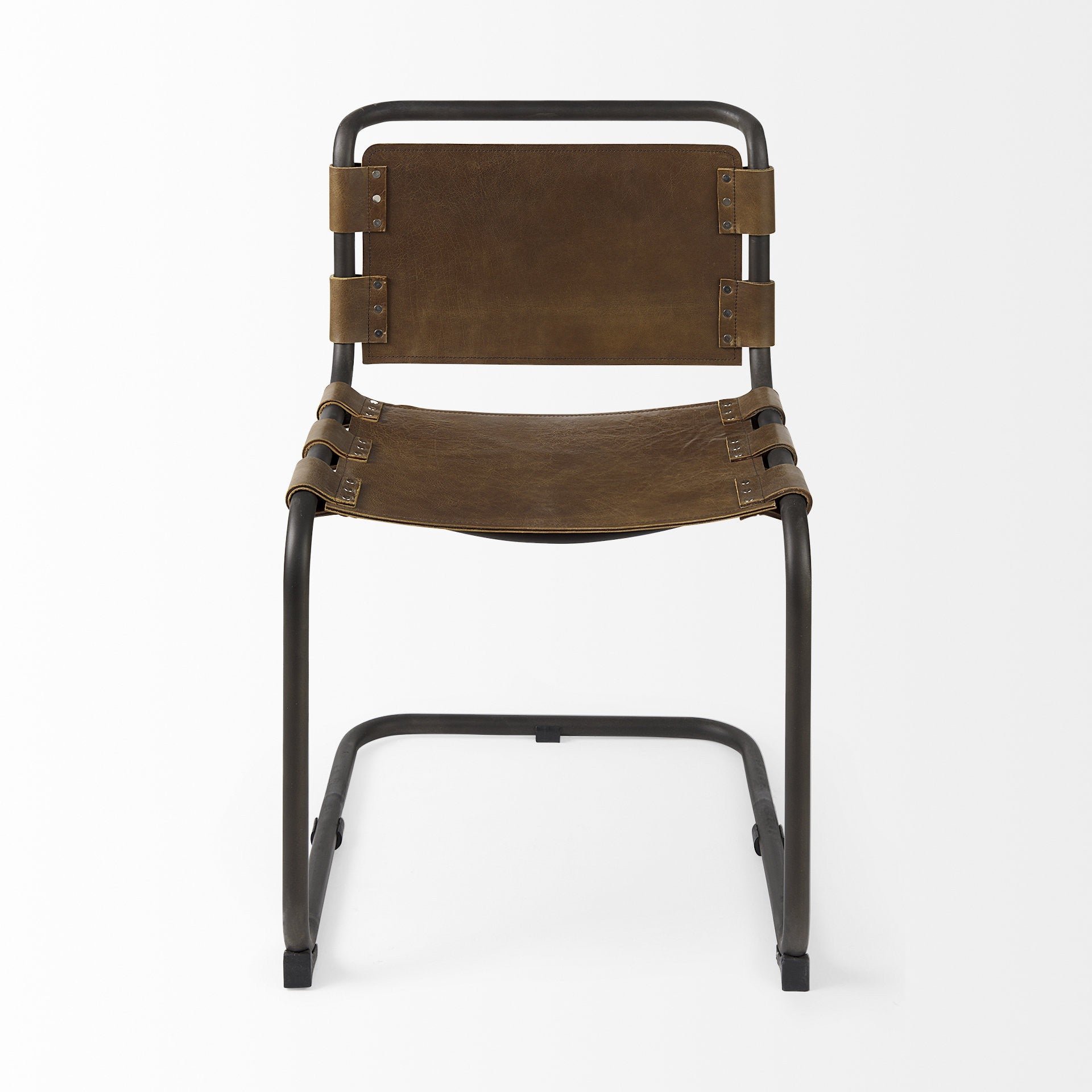 Brown And Black Leather Metal Open Back Dining Side Chair-Dining Chairs-DECOROLALA