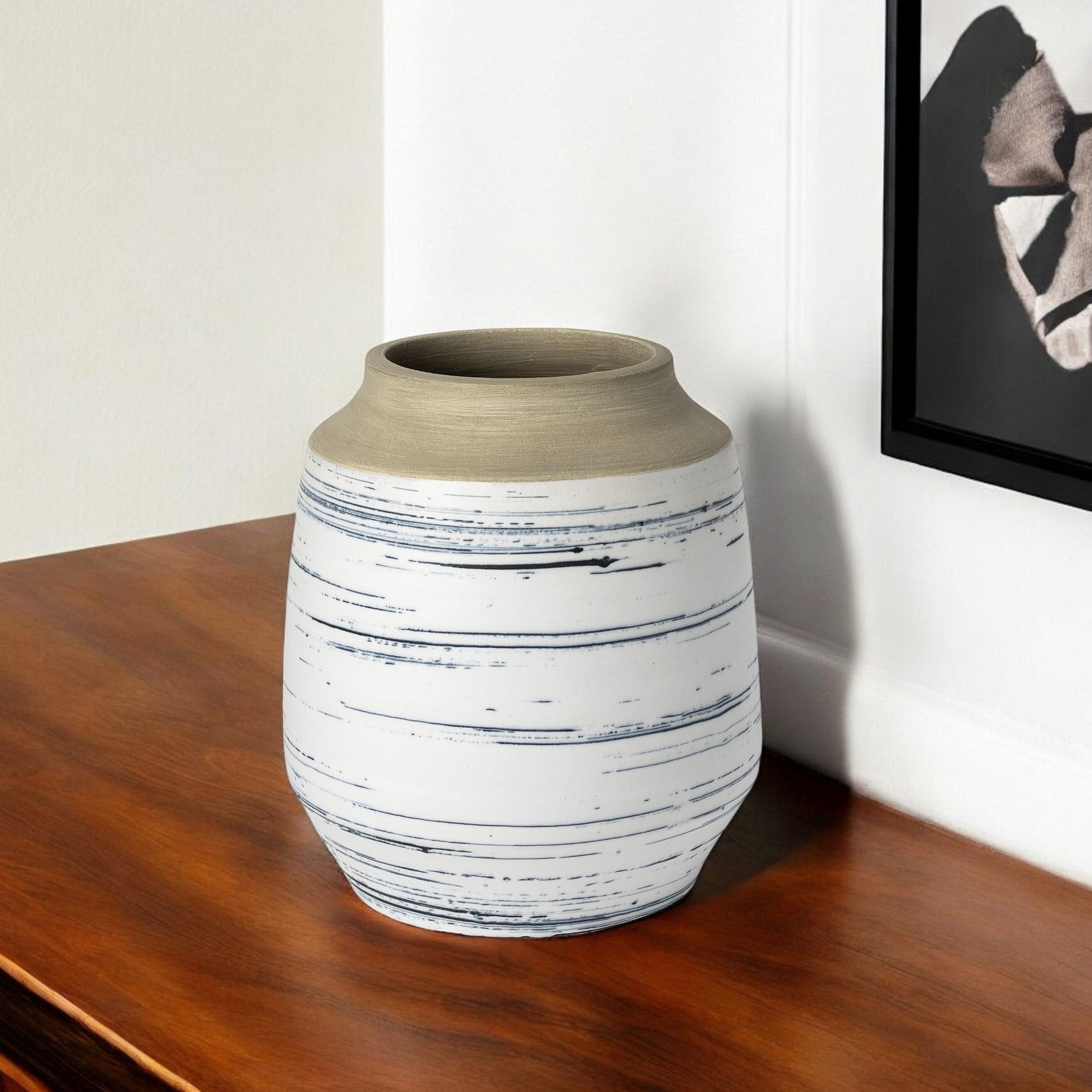 10" Blue Sand And White Abstract Cylinder Ceramic Table Vase-Vases-DECOROLALA