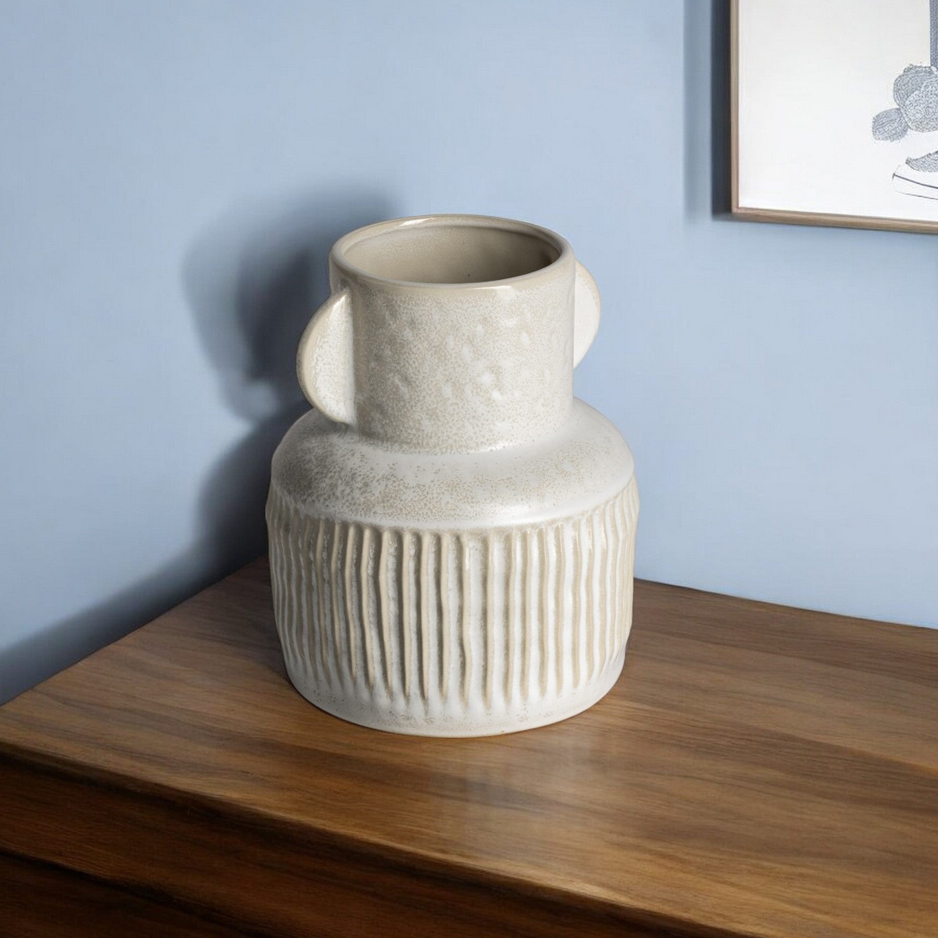 8" Whitewash Handled Textured Ceramic Vase-Vases-DECOROLALA