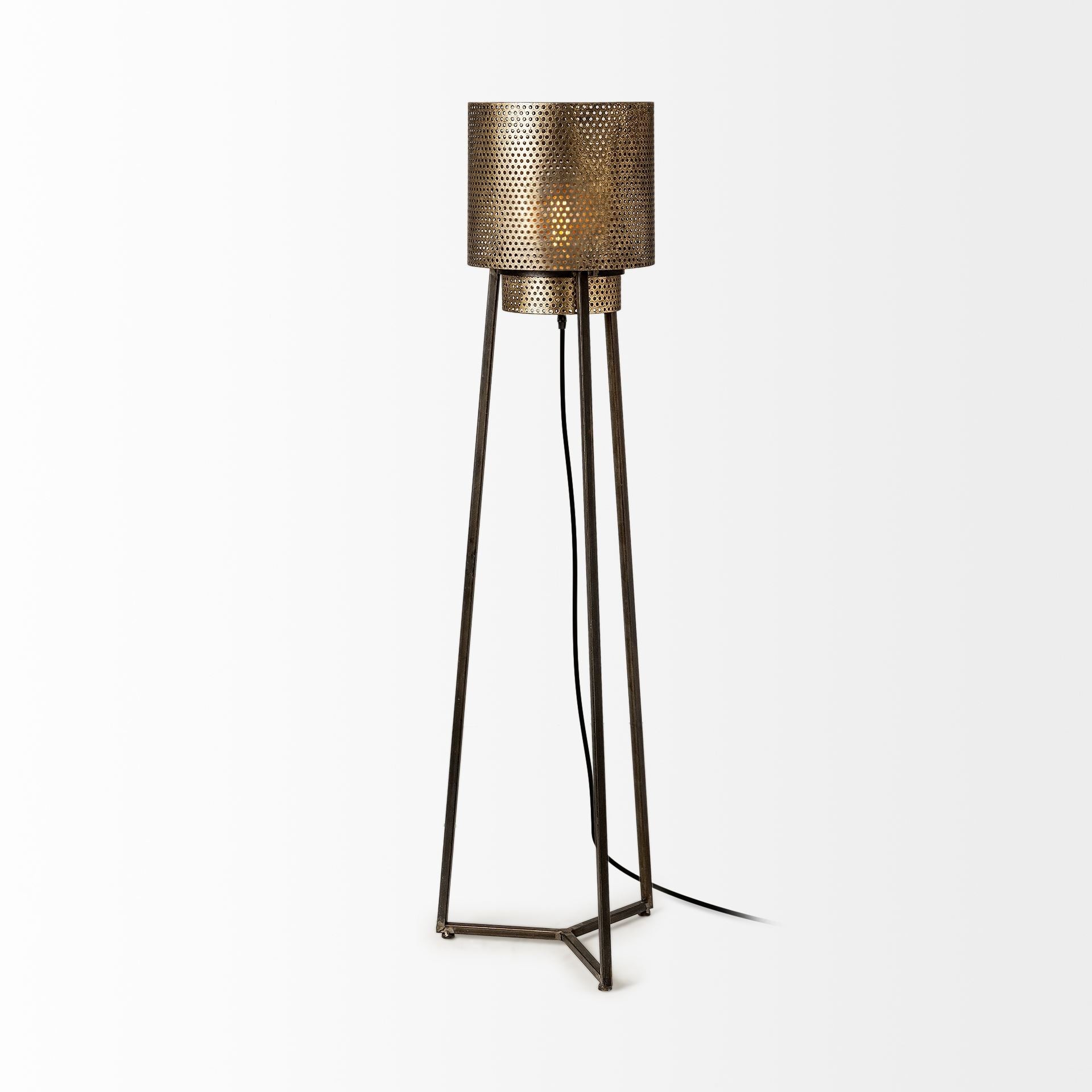 54" Gold And Black Metal LED Floor Lamp With Gold Metal Drum Shade-Floor Lamps-DECOROLALA
