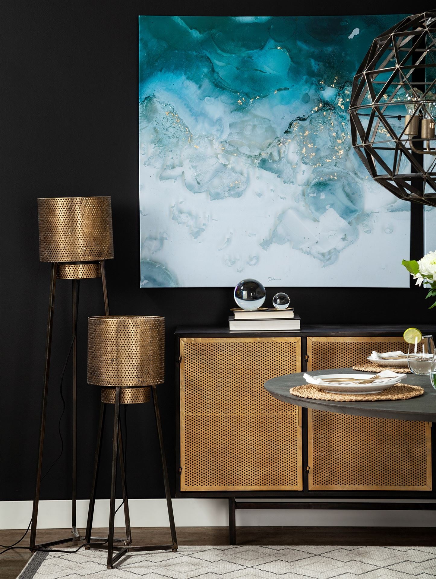 54" Gold And Black Metal LED Floor Lamp With Gold Metal Drum Shade-Floor Lamps-DECOROLALA