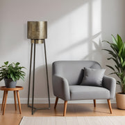 54" Gold And Black Metal LED Floor Lamp With Gold Metal Drum Shade-Floor Lamps-DECOROLALA