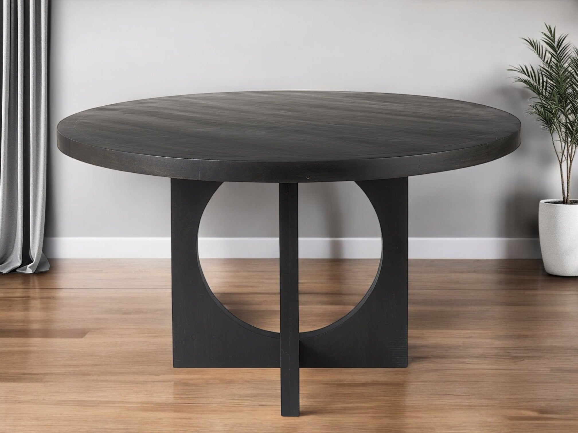 54" Black Rounded Solid Wood Pedestal Base Dining Table-Dining Tables-DECOROLALA