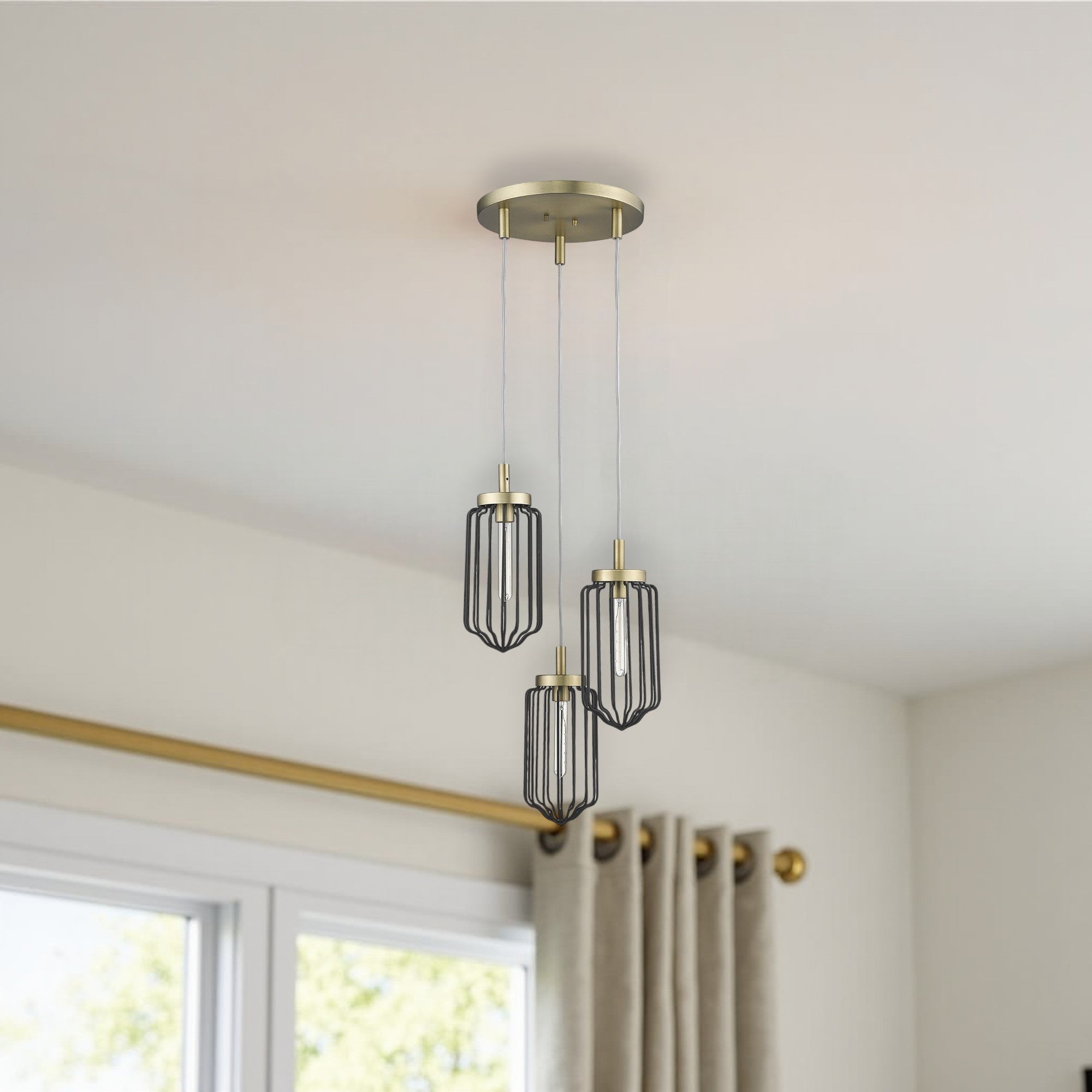 Gold Caged Three Light Metal Dimmable Chandelier With Black Shades-Chandeliers-DECOROLALA