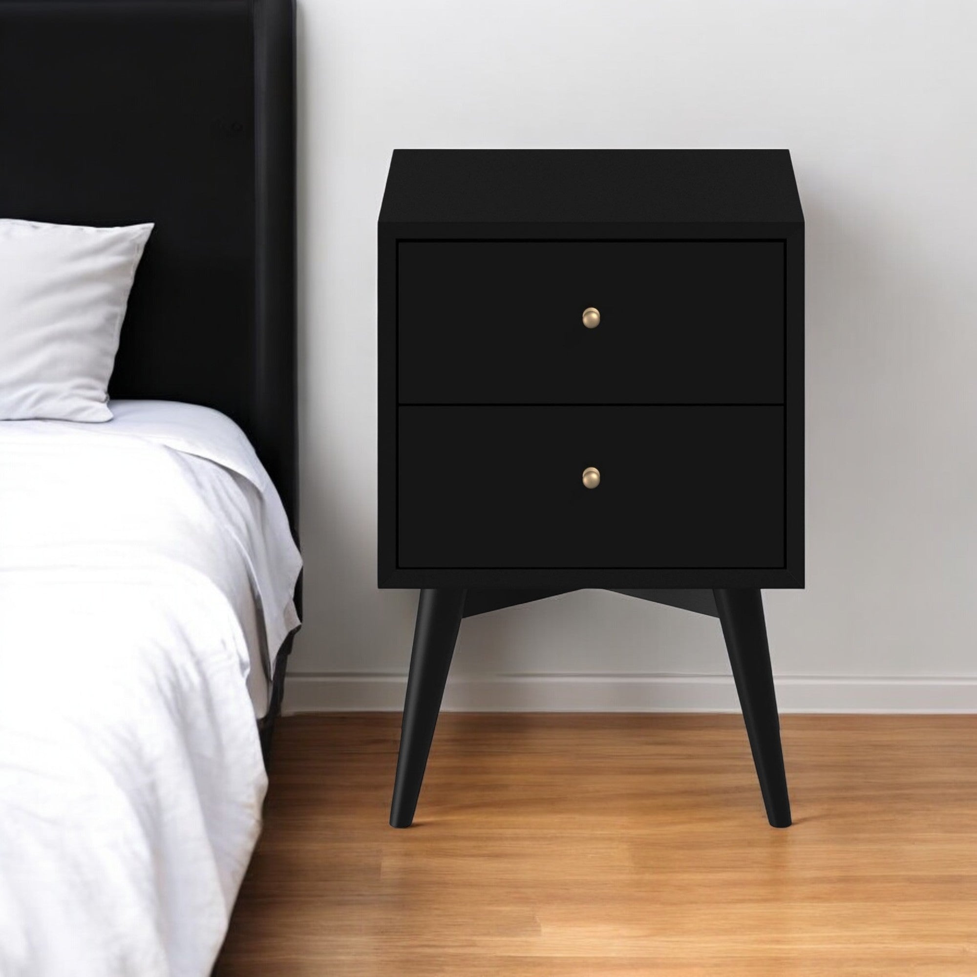 26" Black Solid Wood Two Drawer Nightstand-0
