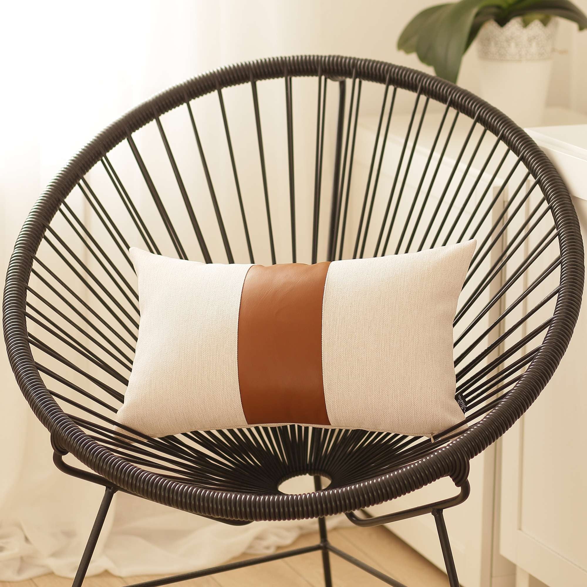 Pure White and Brown Faux Leather Lumbar Pillow-0