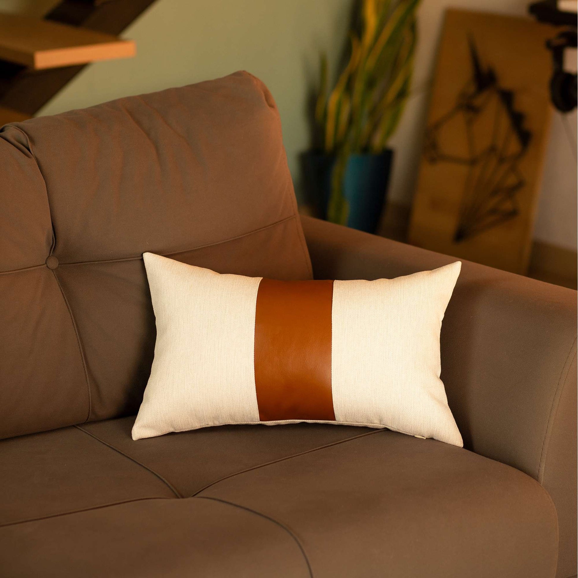 Pure White and Brown Faux Leather Lumbar Pillow-1