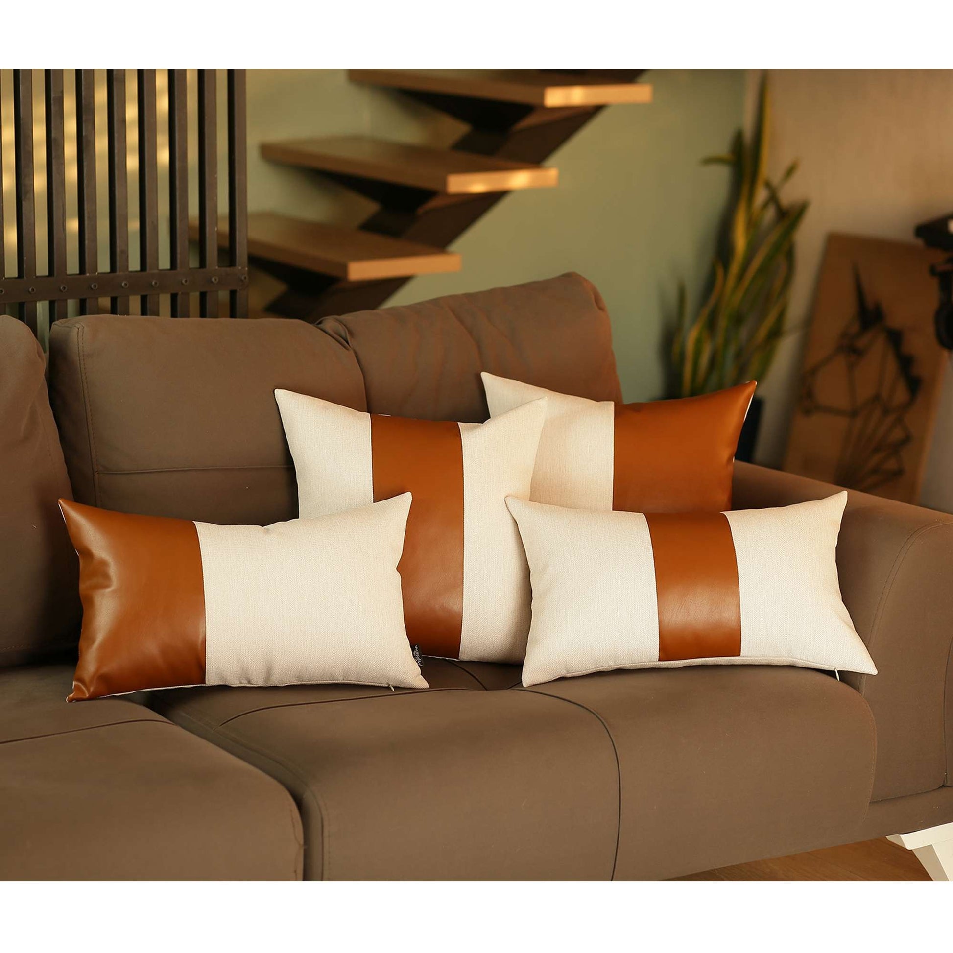 Pure White and Brown Faux Leather Lumbar Pillow-2