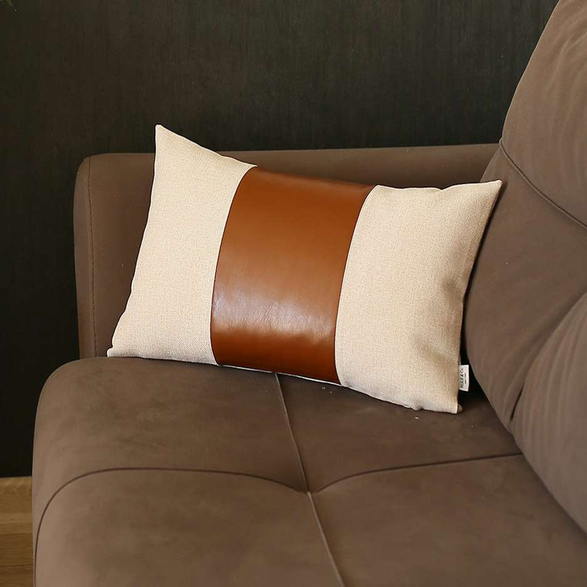 12" X 20" Brown and White Faux Leather Lumbar Throw Pillow-4