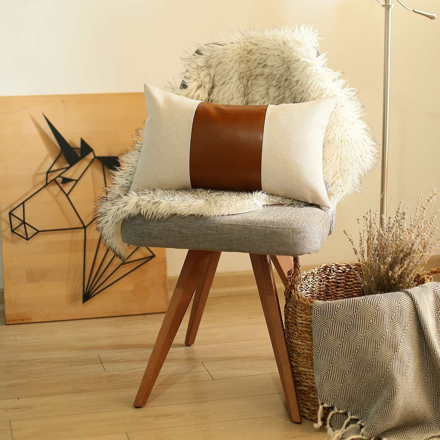 12" X 20" Brown and White Faux Leather Lumbar Throw Pillow-7