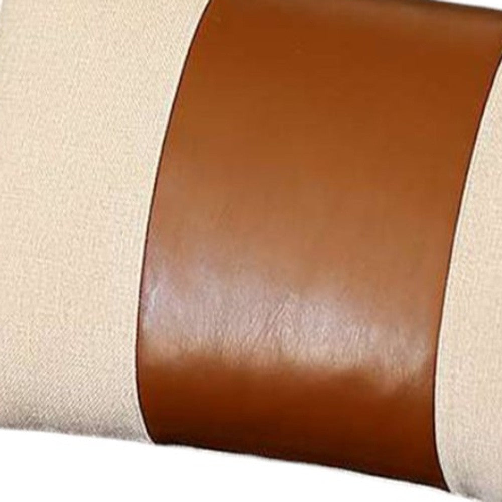 12" X 20" Brown and White Faux Leather Lumbar Throw Pillow-2