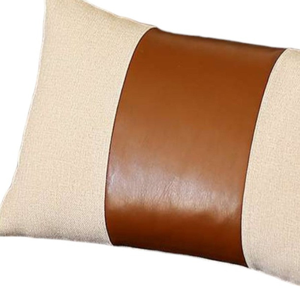 12" X 20" Brown and White Faux Leather Lumbar Throw Pillow-3