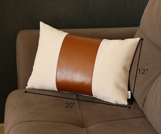 12" X 20" Brown and White Faux Leather Lumbar Throw Pillow-6