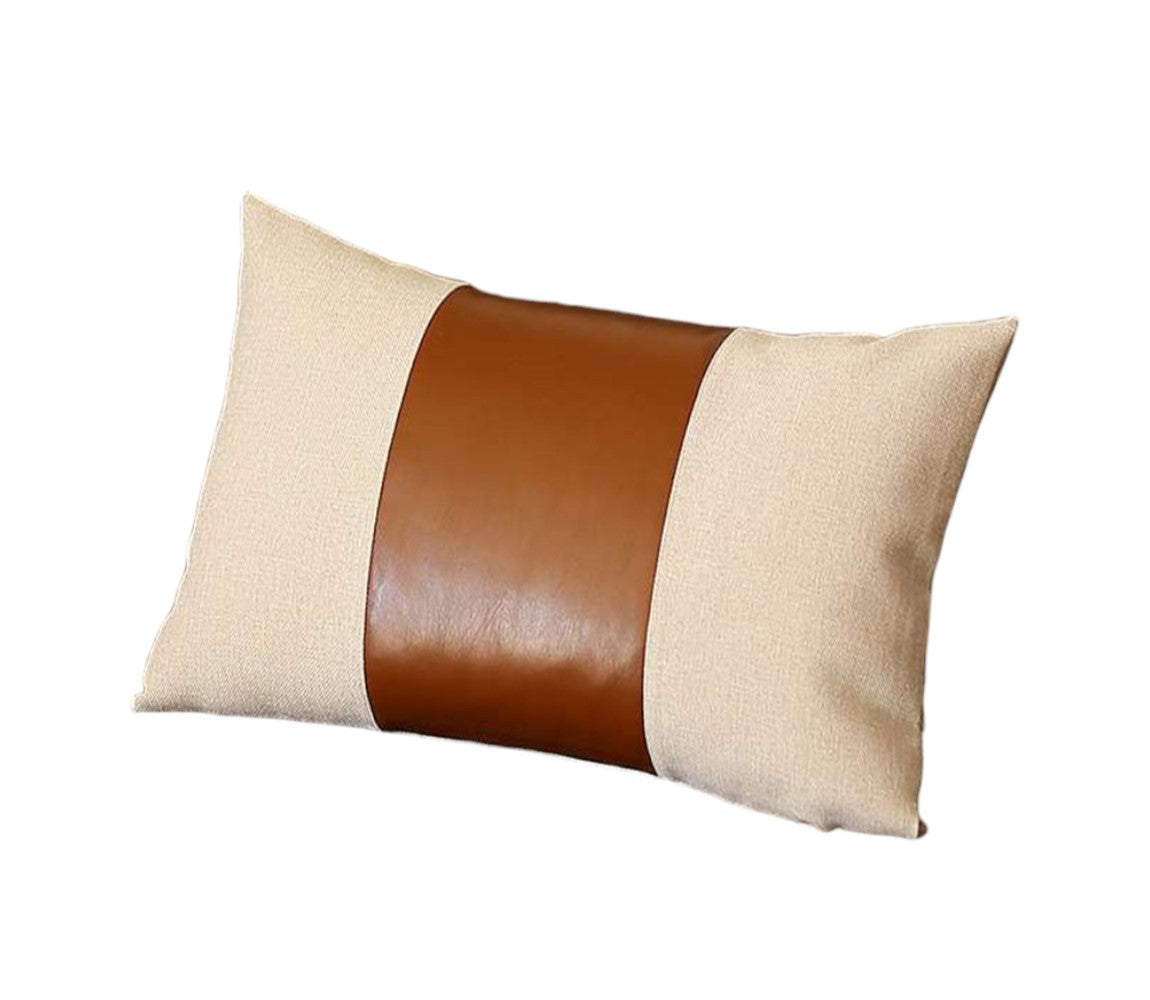 12" X 20" Brown and White Faux Leather Lumbar Throw Pillow-1