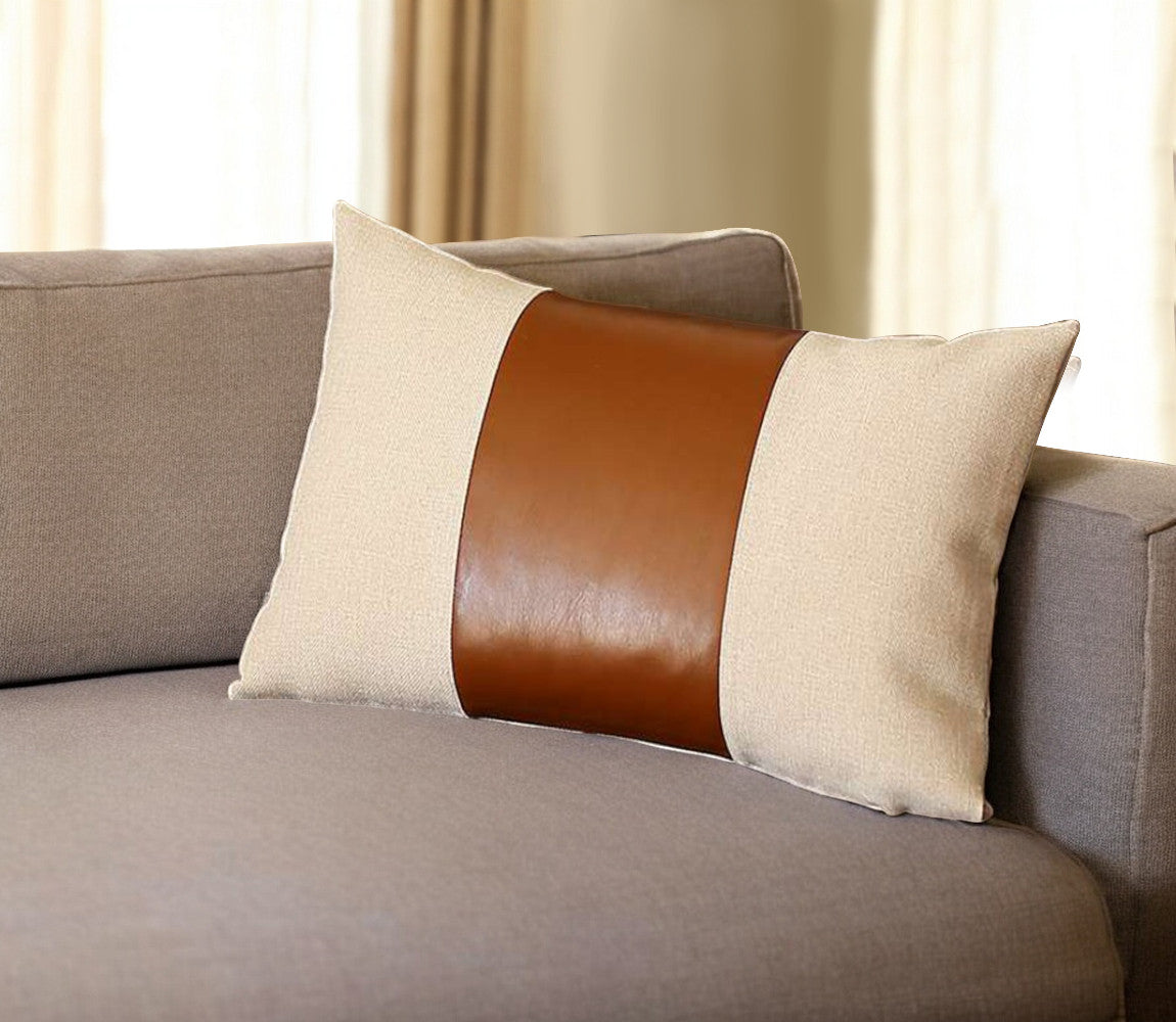 12" X 20" Brown and White Faux Leather Lumbar Throw Pillow-0