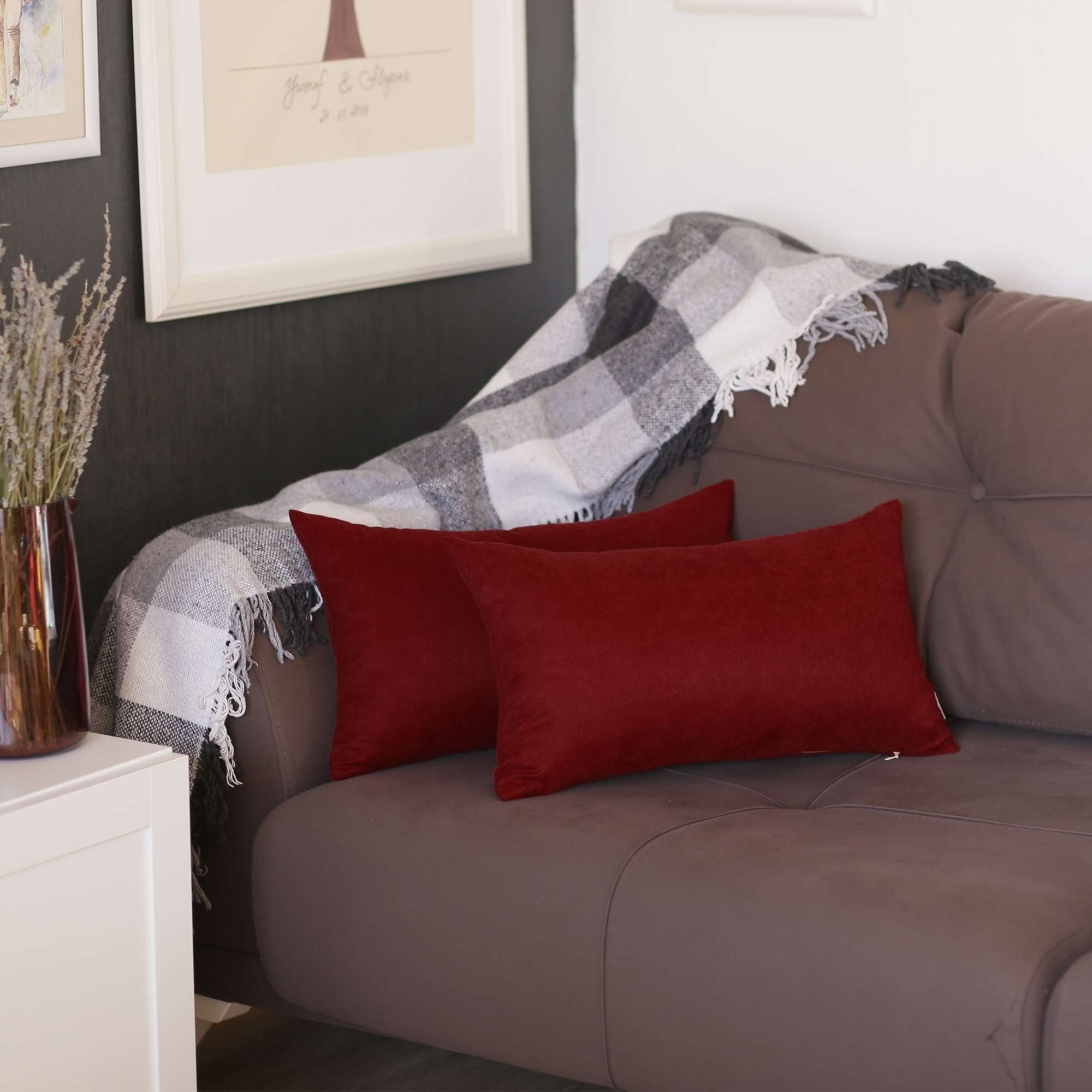 Set of 2 Maroon Red Modern Lumbar Throw Pillows-Accent Throw Pillows-DECOROLALA