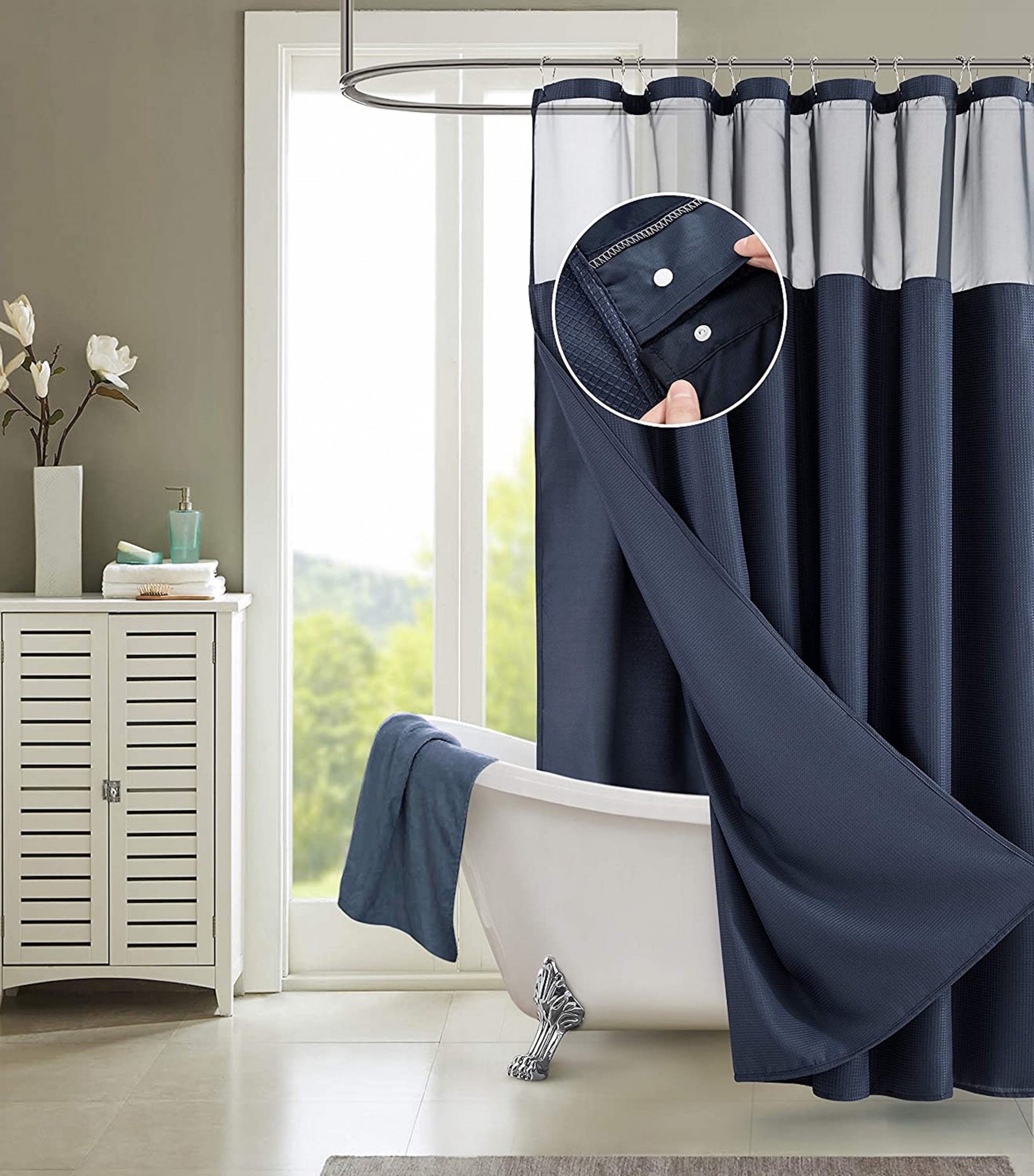 Navy Modern Grid Shower Curtain and Liner Set-5